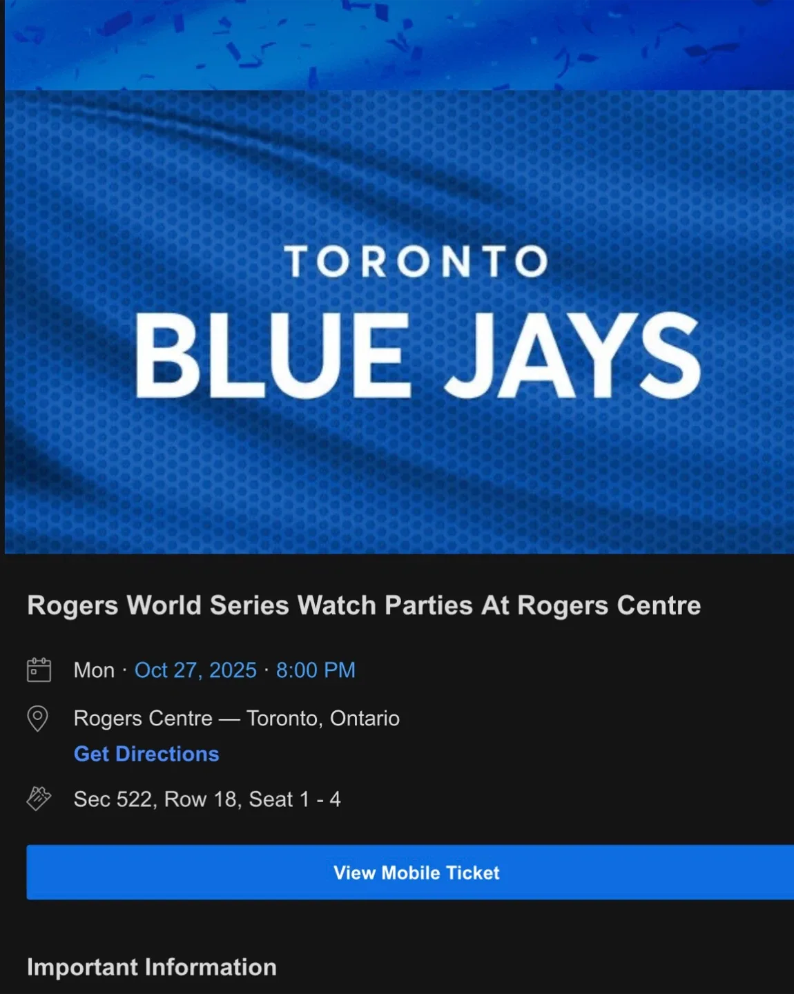 Toronto Blue Jays Rogers World Series Watch Party Ticket