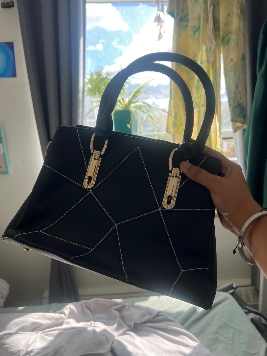 Black Handbag with Geometric Pattern