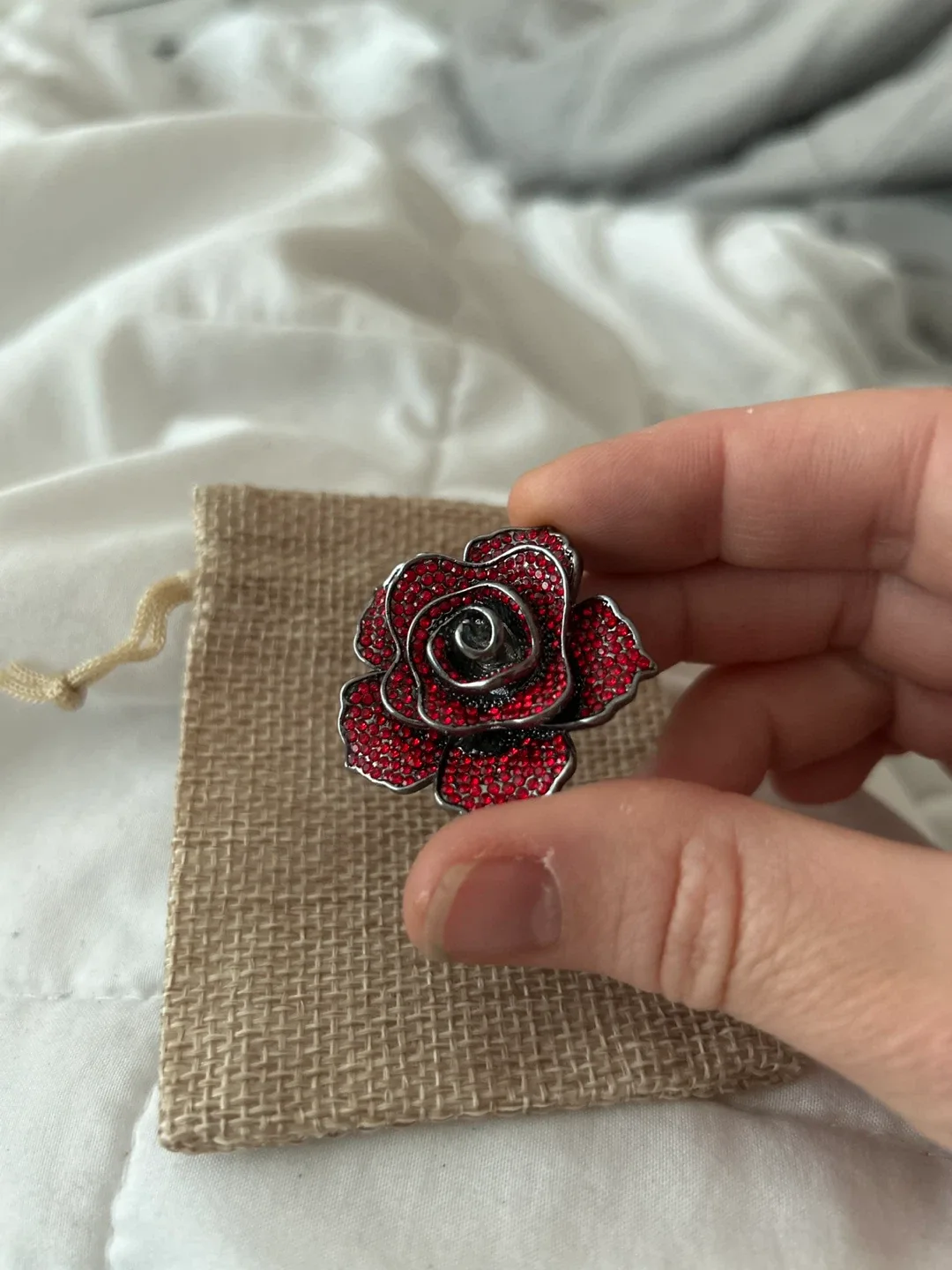 Red Rose Pin Brooch with Rhinestones thumbnail