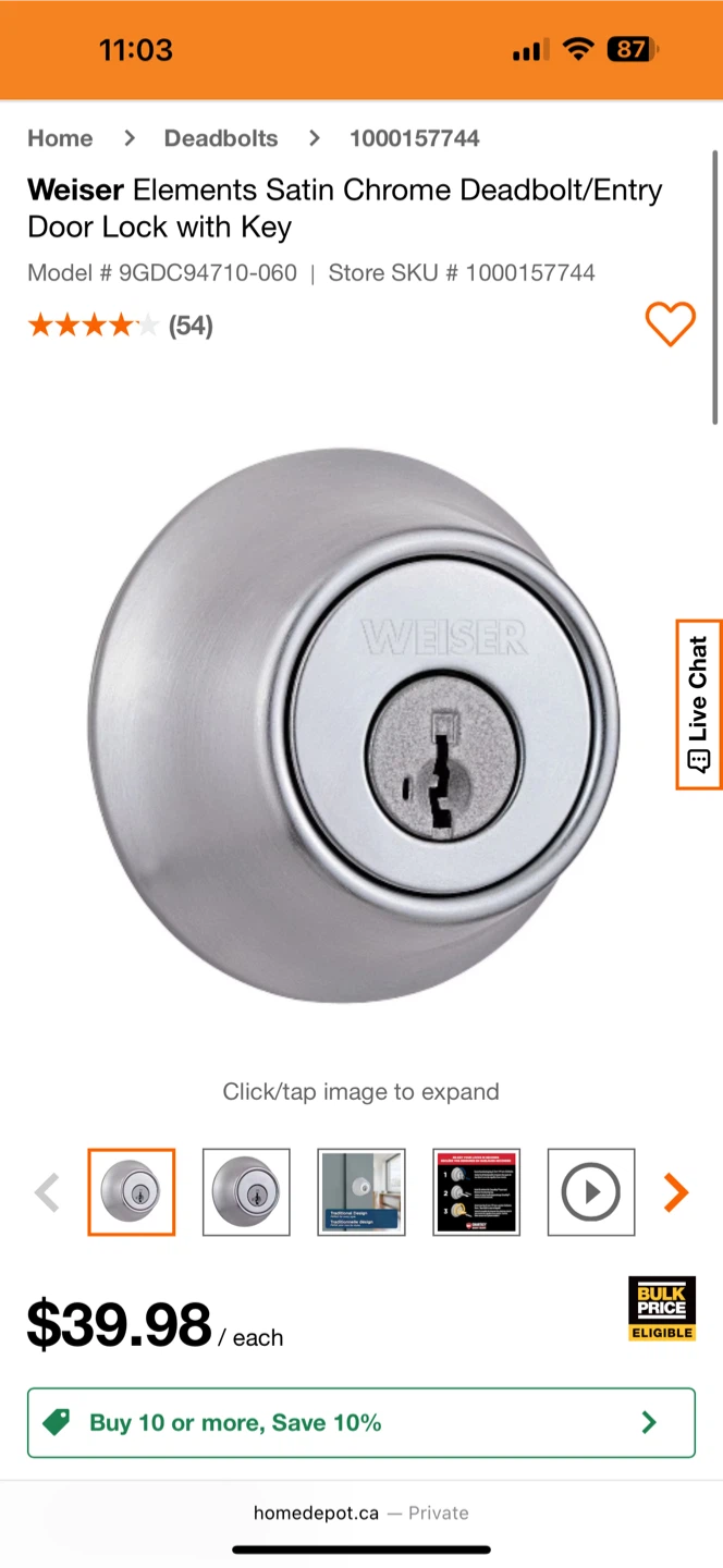 New Weiser Elements Satin Chrome Deadbolt with Key