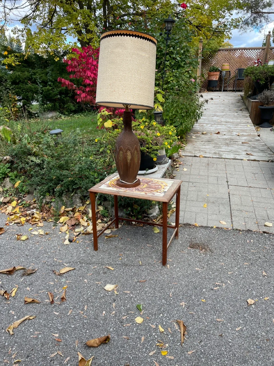 Mid Century Modern Brown Ceramic Table Lamp & Tile Top Table thumbnail