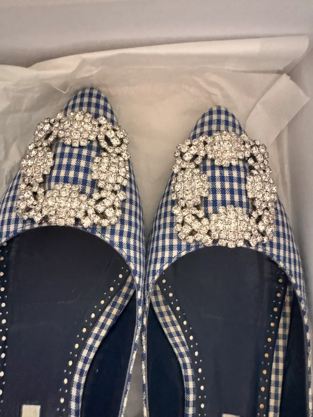 Manolo Blahnik Hangisi Flats, Size 36.5, Blue Gingham image indicator(3)