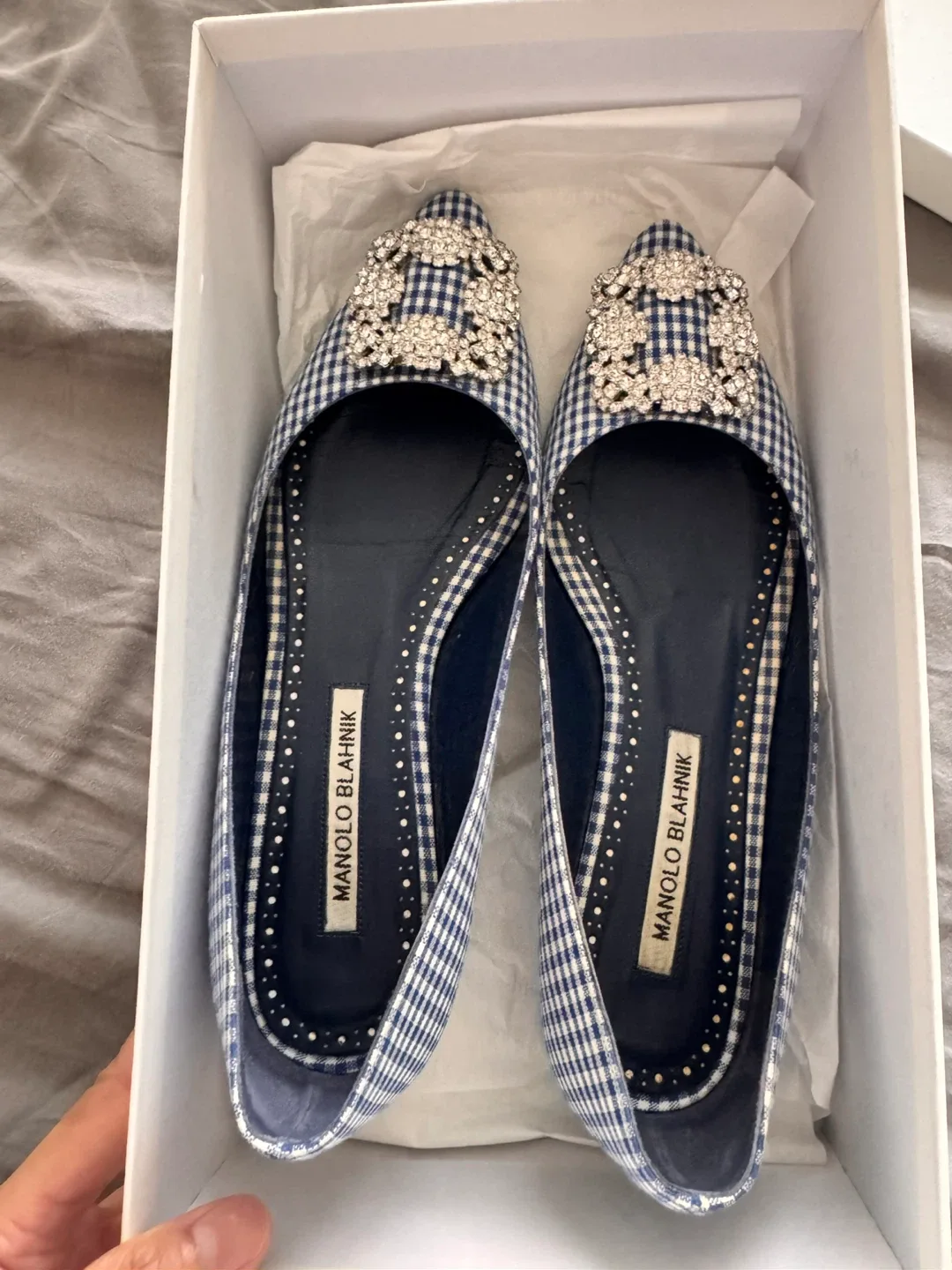 Manolo Blahnik Hangisi Flats, Size 36.5, Blue Gingham image indicator(2)