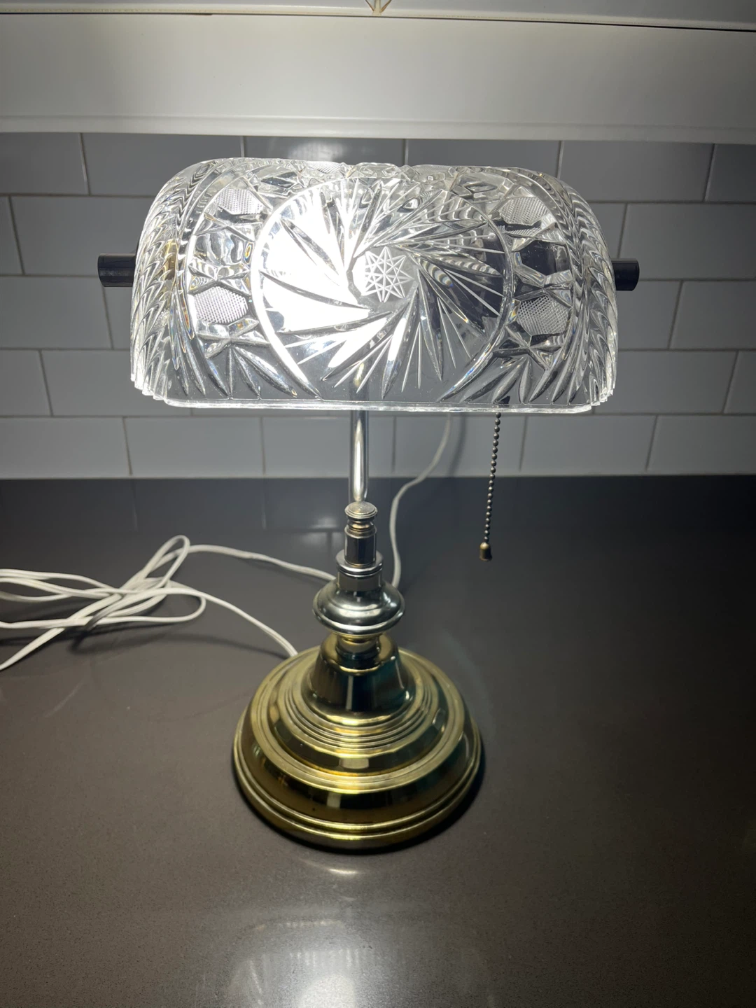 Vintage Banker's Style Desk Lamp with pinwheel Crystal Shade - photo 5