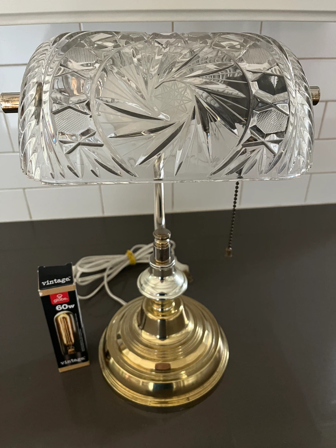 Vintage Banker's Style Desk Lamp with pinwheel Crystal Shade
