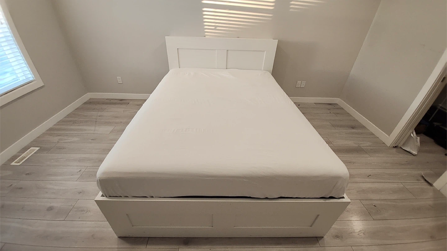 Ikea bed and mattress with great storage in bed and headrest