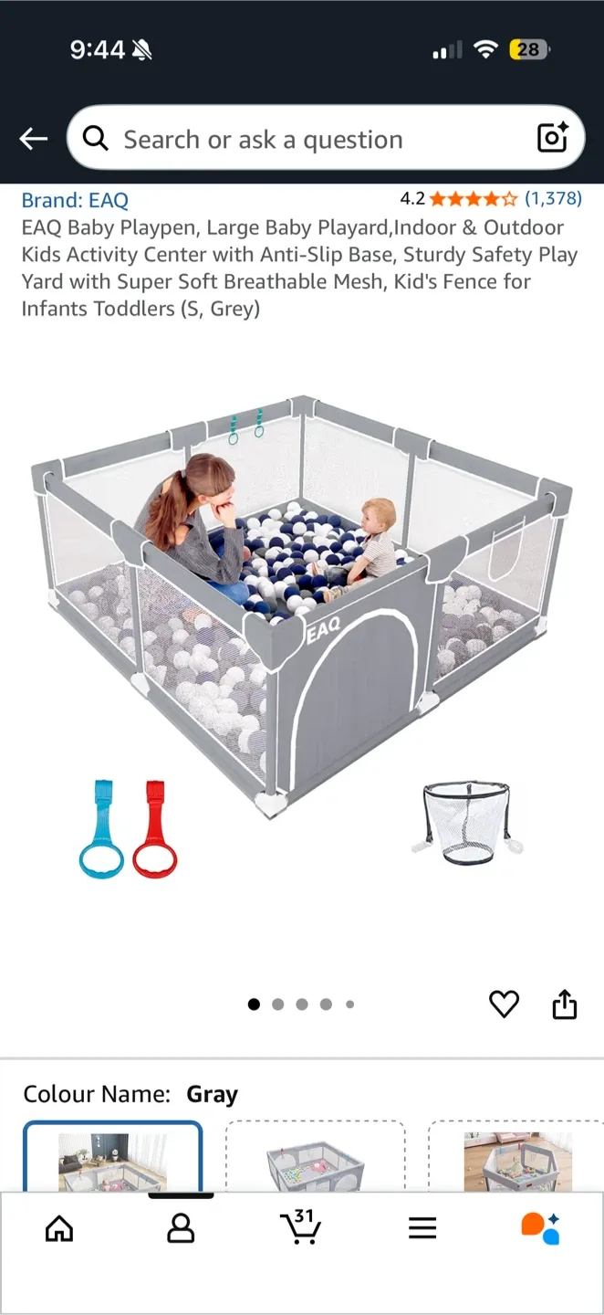 EAQ Baby Playpen - Large Indoor/Outdoor Playard (S, Grey) thumbnail