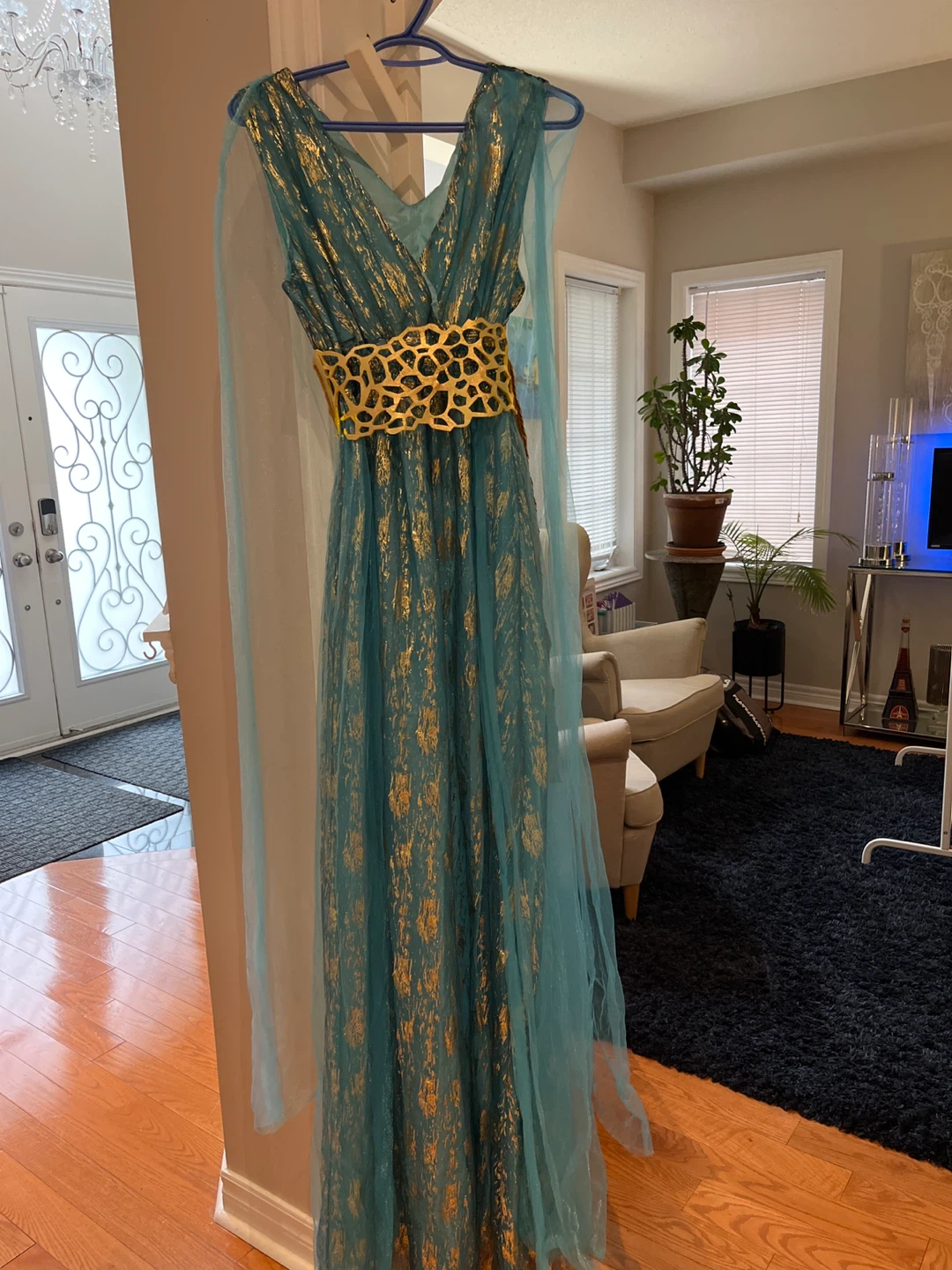 Greek goddess Teal & Gold Dress with Belt