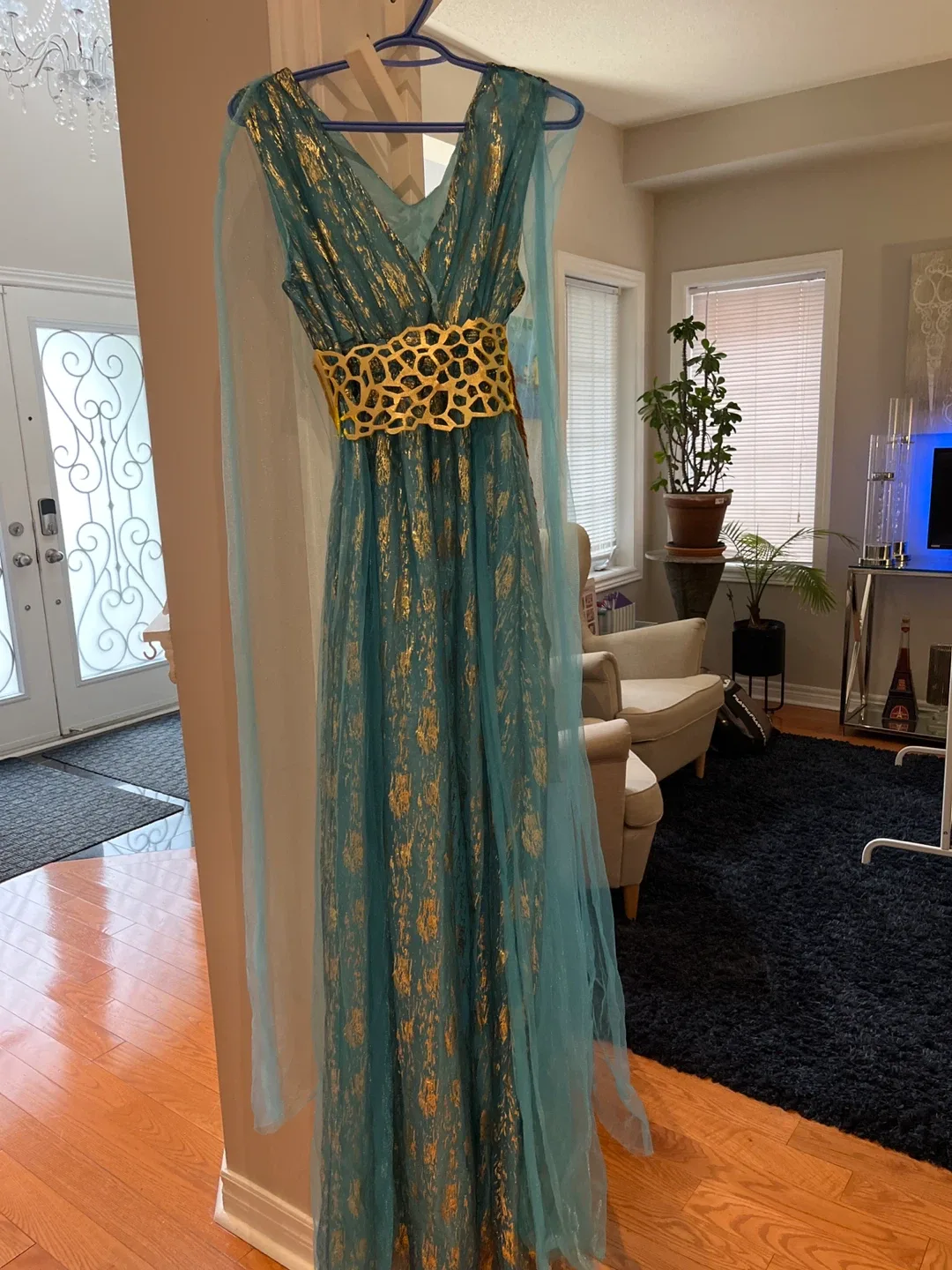 Greek goddess Teal & Gold Dress with Belt thumbnail
