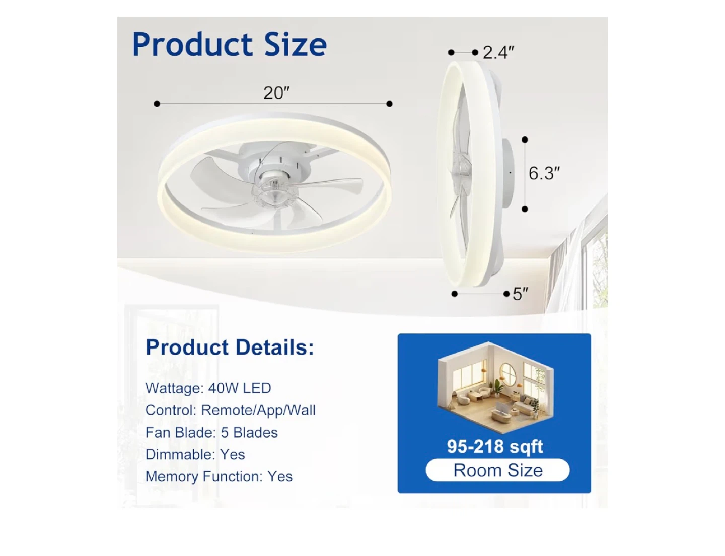 White LED Ceiling Fan with Remote, 20 inch - photo 2
