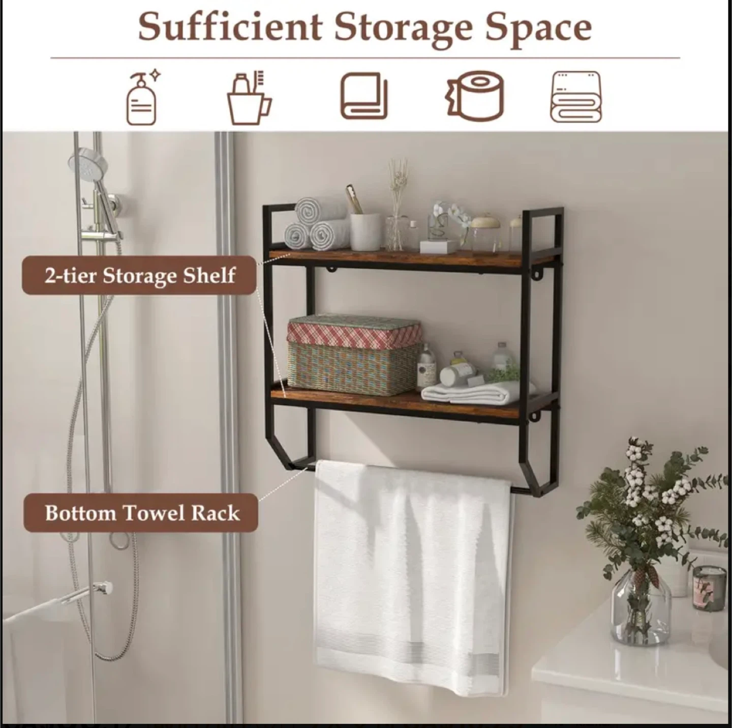 2-Tier Industrial Bathroom Shelves with Towel Bar - photo 2