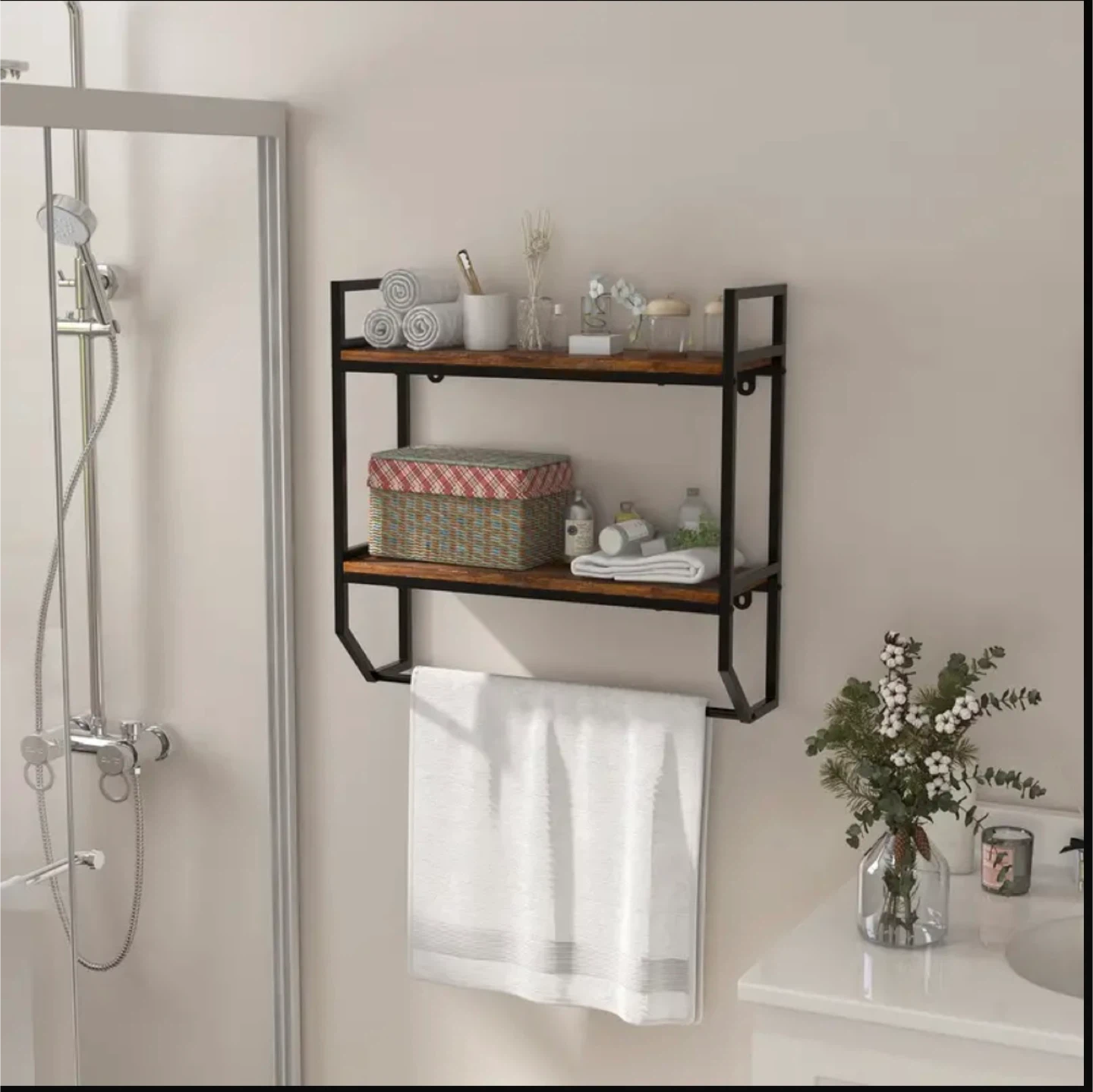 2-Tier Industrial Bathroom Shelves with Towel Bar