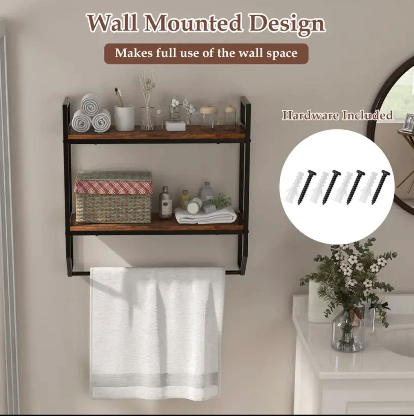 2-Tier Industrial Bathroom Shelves with Towel Bar - photo 5