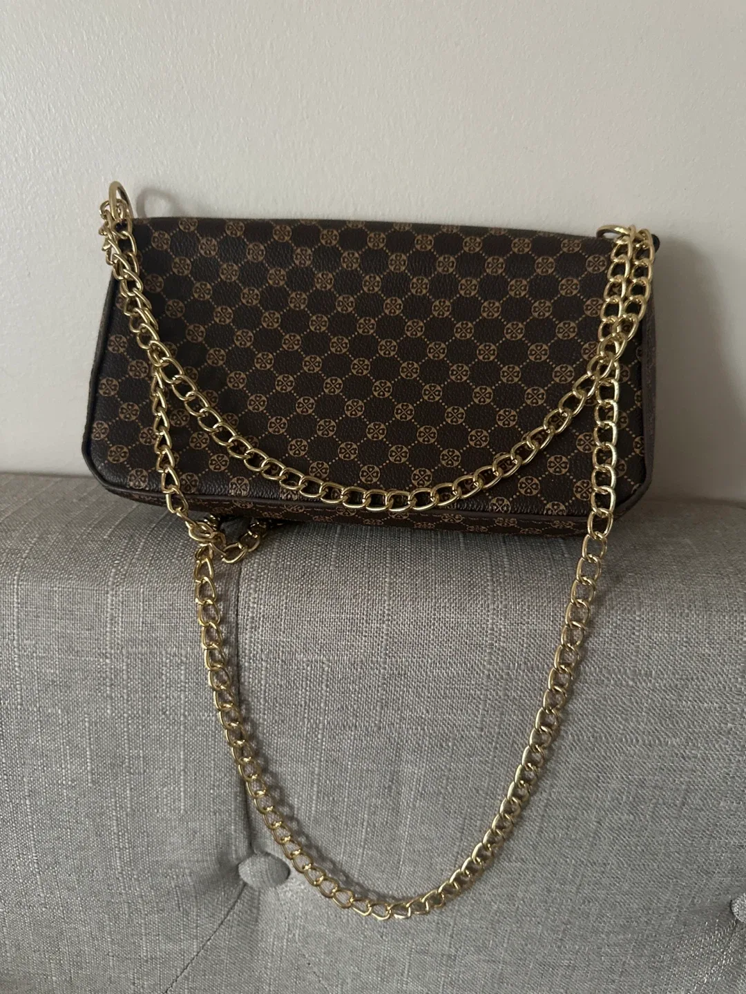 Brown Patterned Shoulder Bag with Gold Chain image indicator(2)