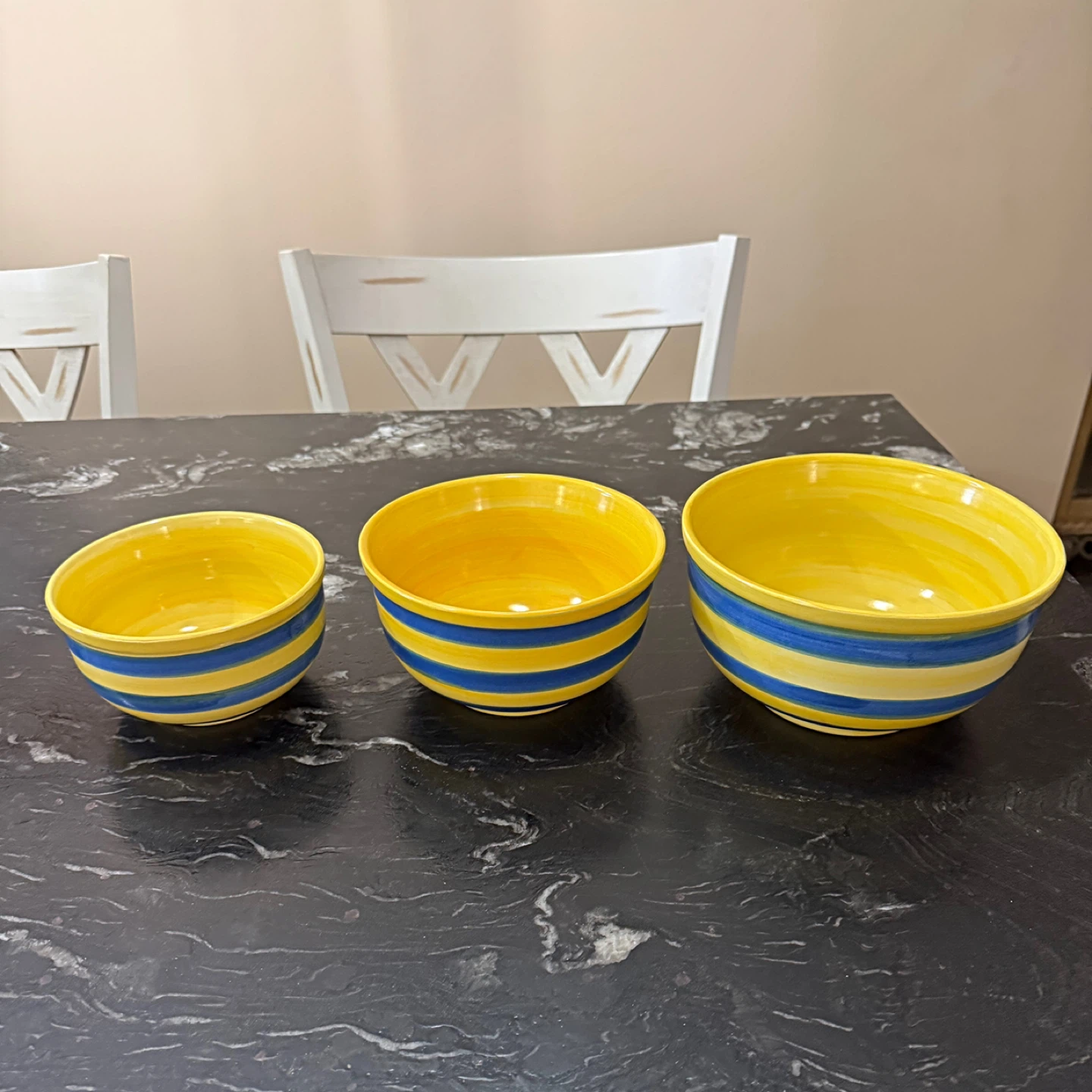 Set of 3 Yellow & Blue Striped Bowls