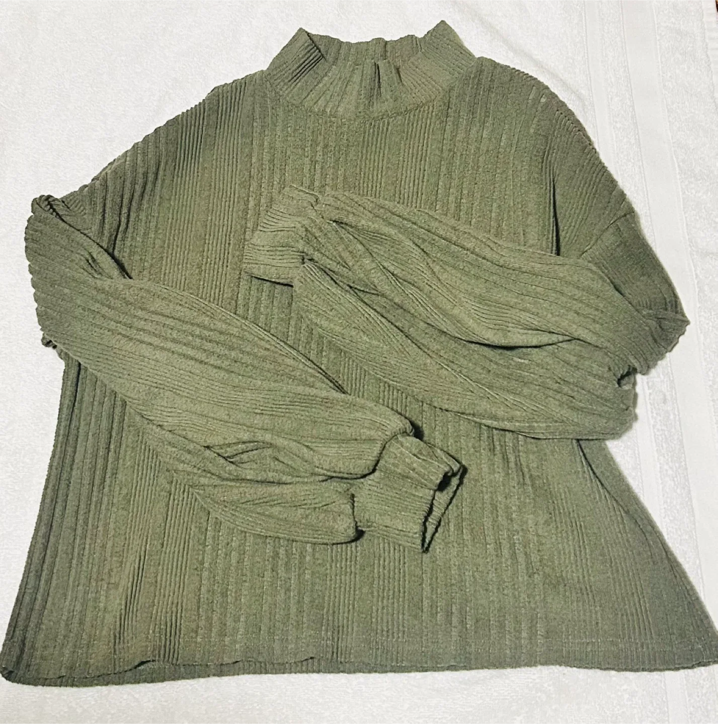 Free Size Small Olive Green Ribbed Knit Long Sleeve Top