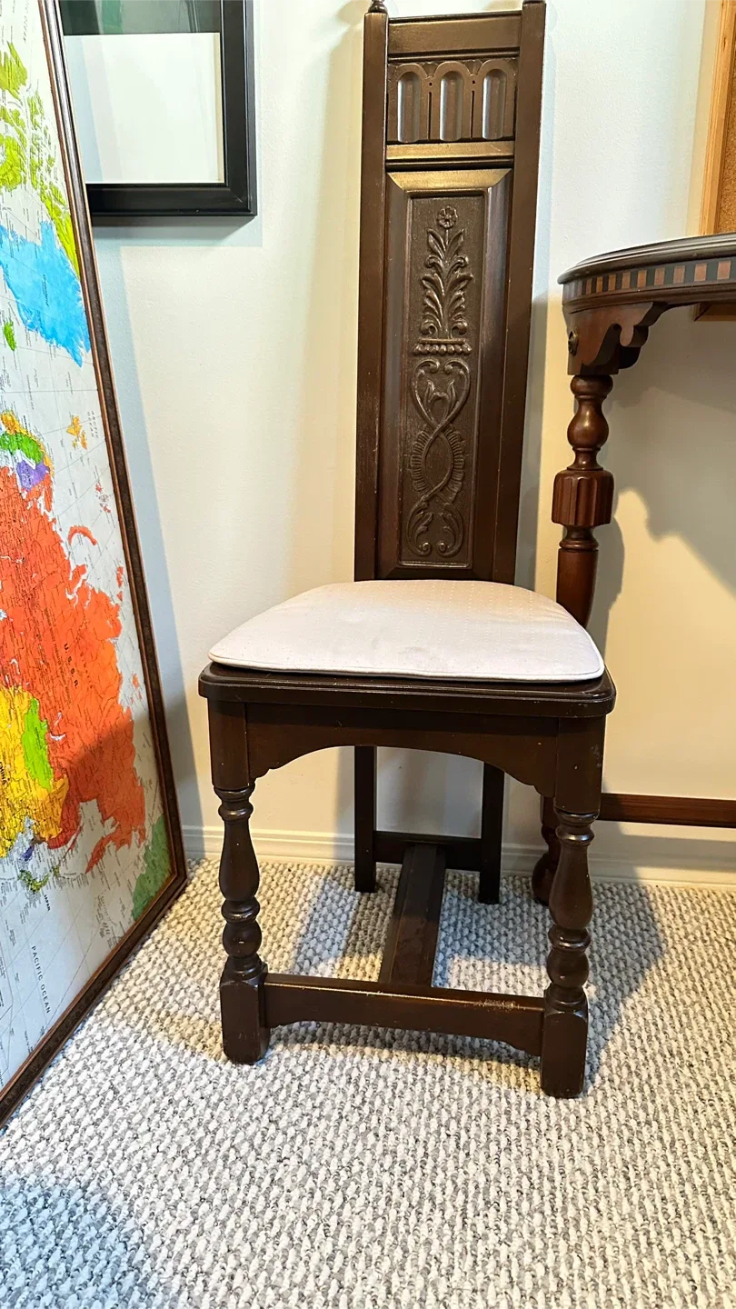 Antique Dark Wood Oak Chair with Carved Back
