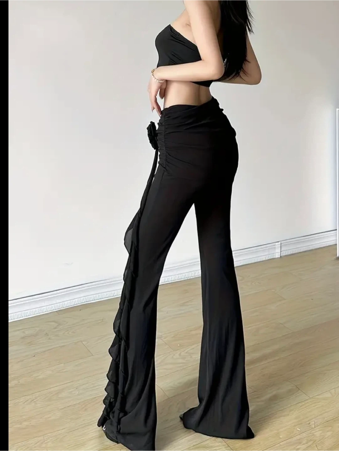 Black Flare Elegant Pants with Ruffle Detail - photo 5