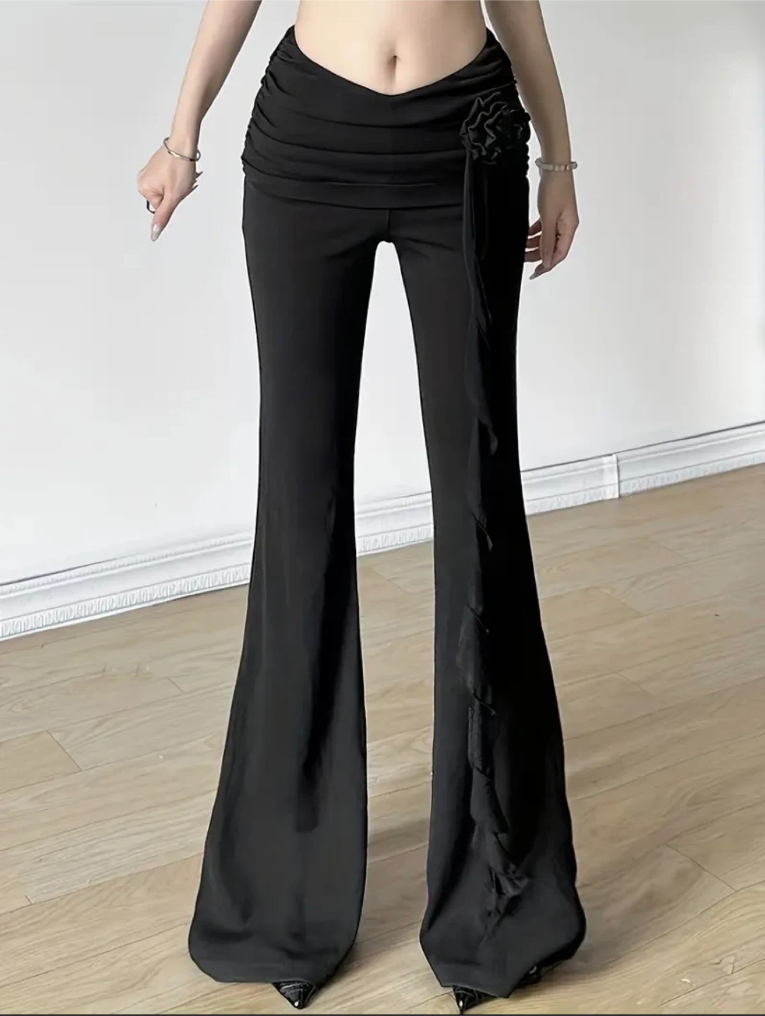 Black Flare Elegant Pants with Ruffle Detail - photo 2