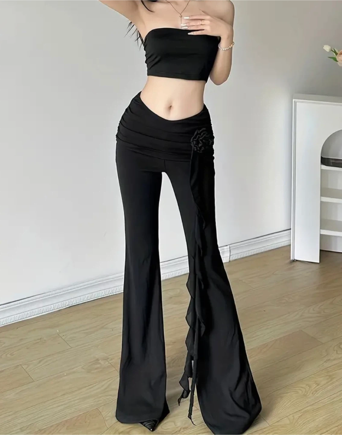 Black Flare Elegant Pants with Ruffle Detail