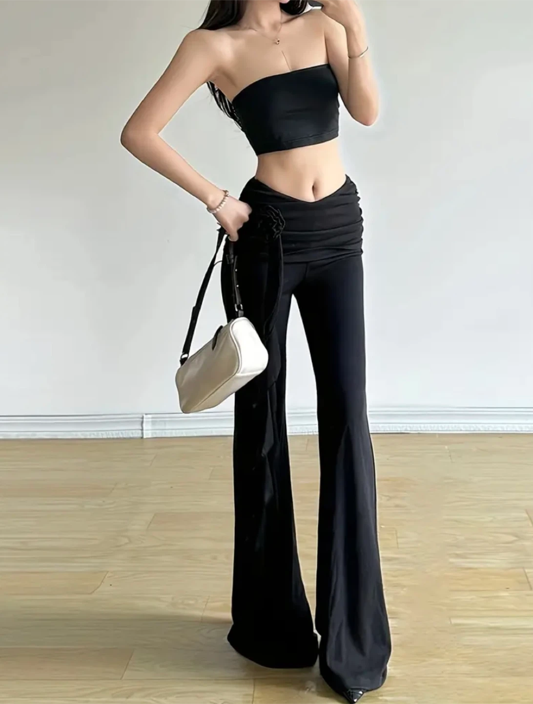 Black Flare Elegant Pants with Ruffle Detail - photo 4