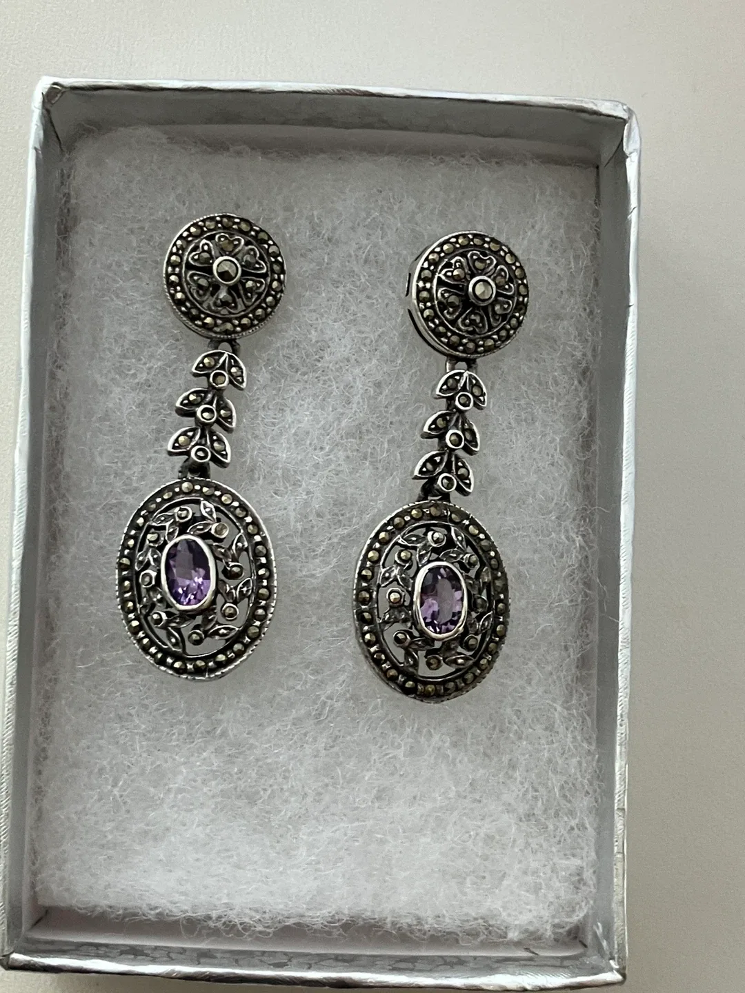 Amethyst & Marcasite 925 Sterling Silver Dangle Earrings image indicator(4)