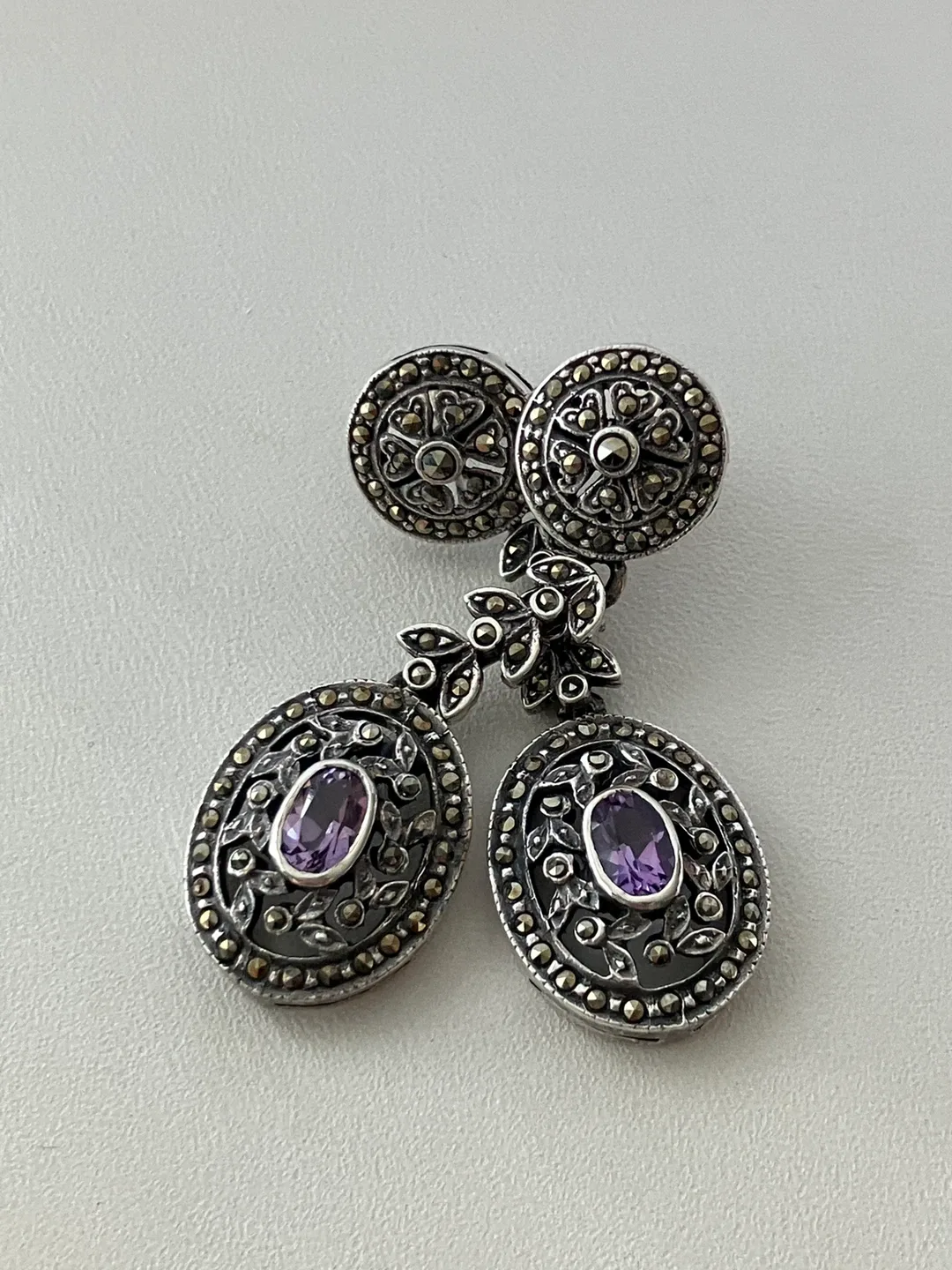 Amethyst & Marcasite 925 Sterling Silver Dangle Earrings image indicator(2)