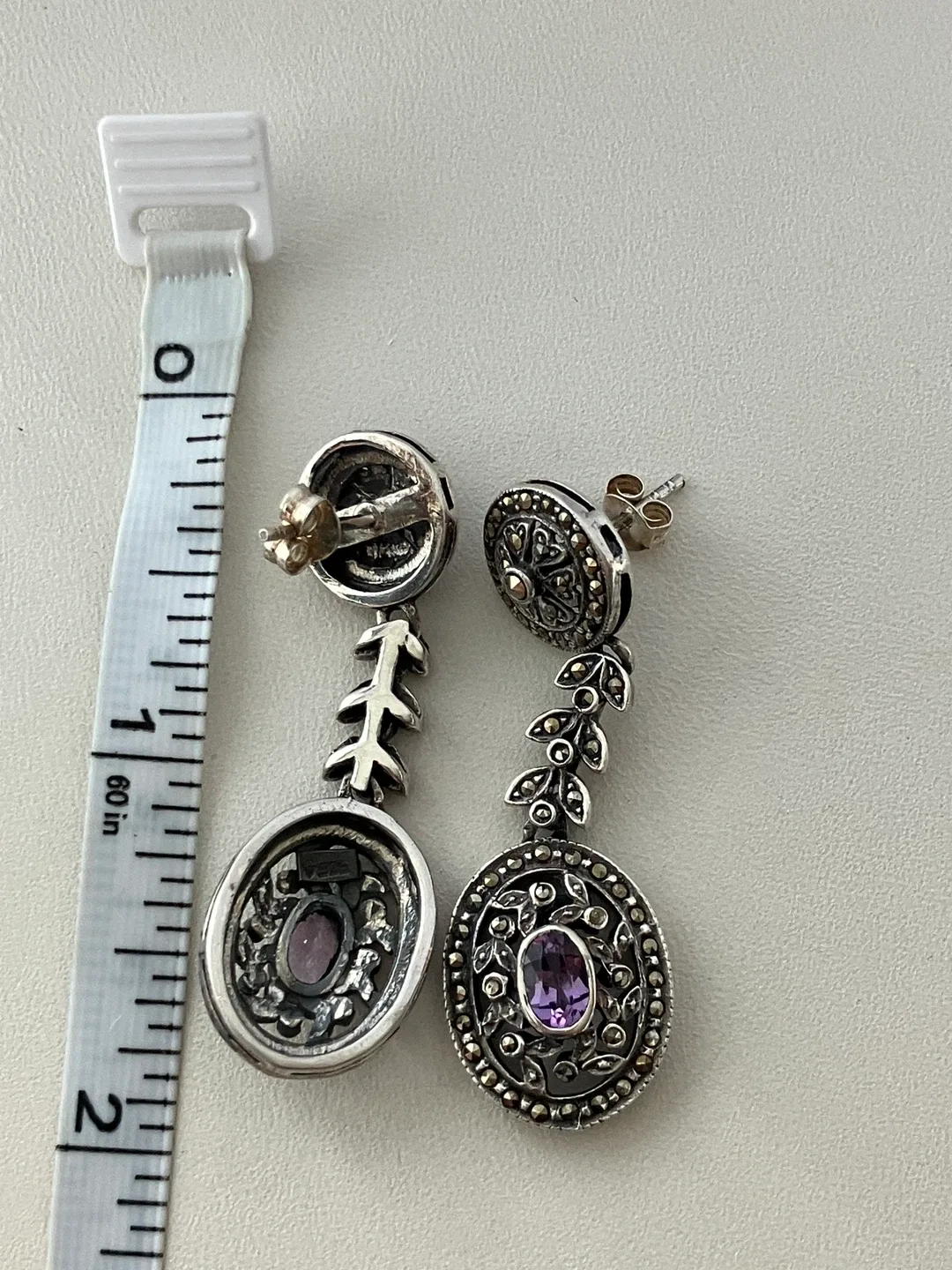 Amethyst & Marcasite 925 Sterling Silver Dangle Earrings image indicator(3)