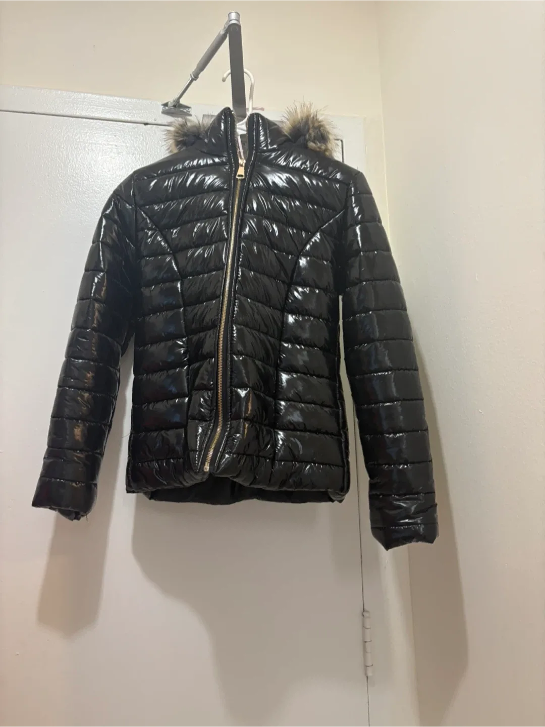 Black Puffer Jacket with Faux Fur Hood