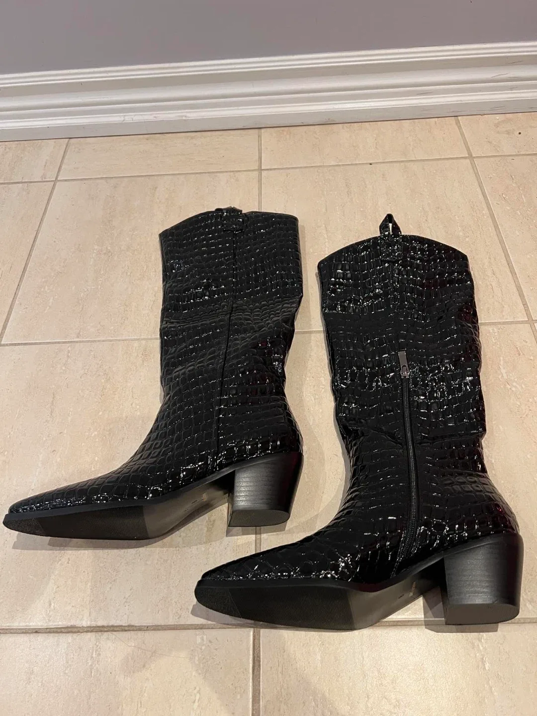 Black Crocodile Embossed Boots - Size 8 thumbnail