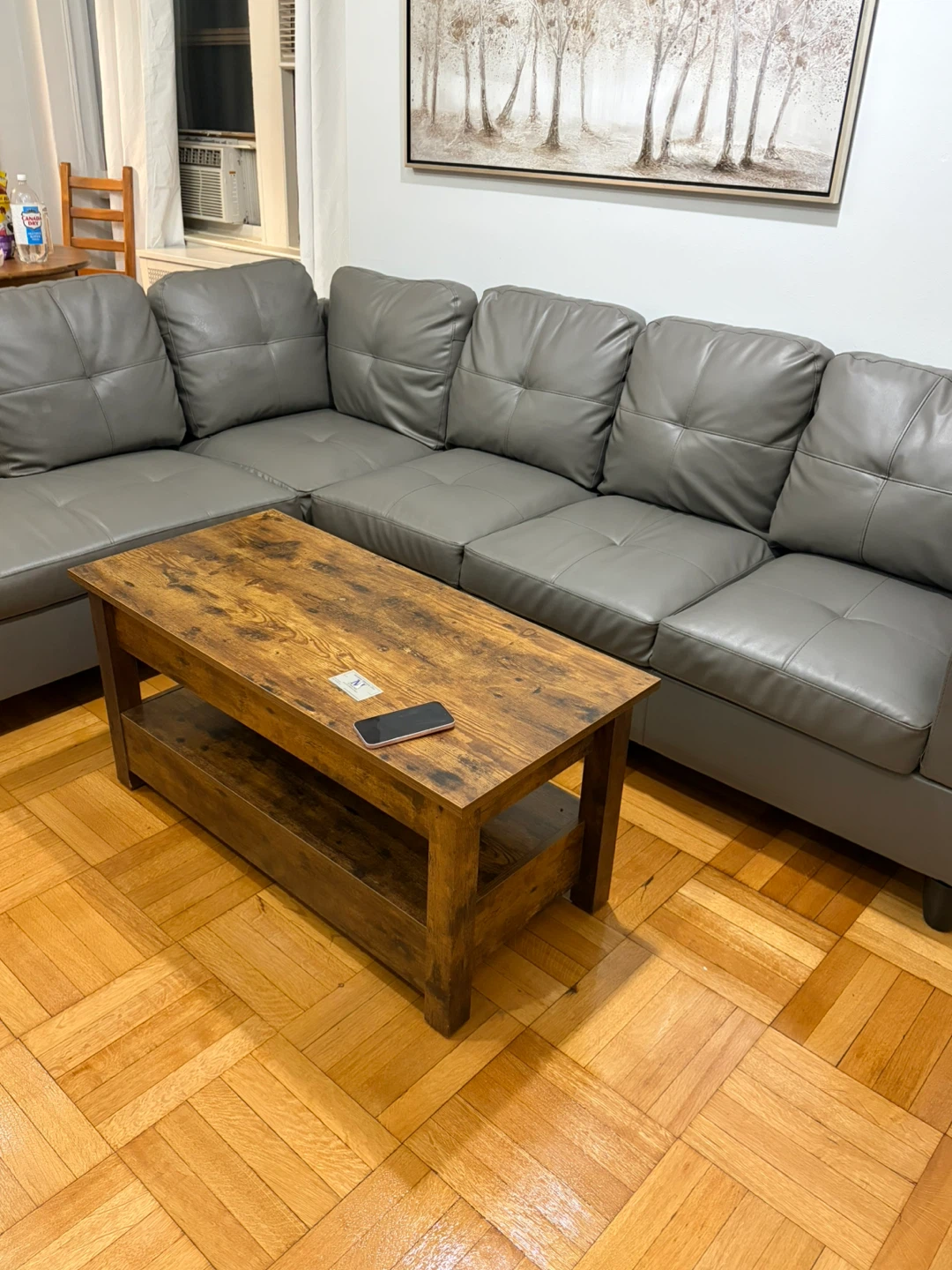 Gray Leather Sectional Sofa with storage ottomon