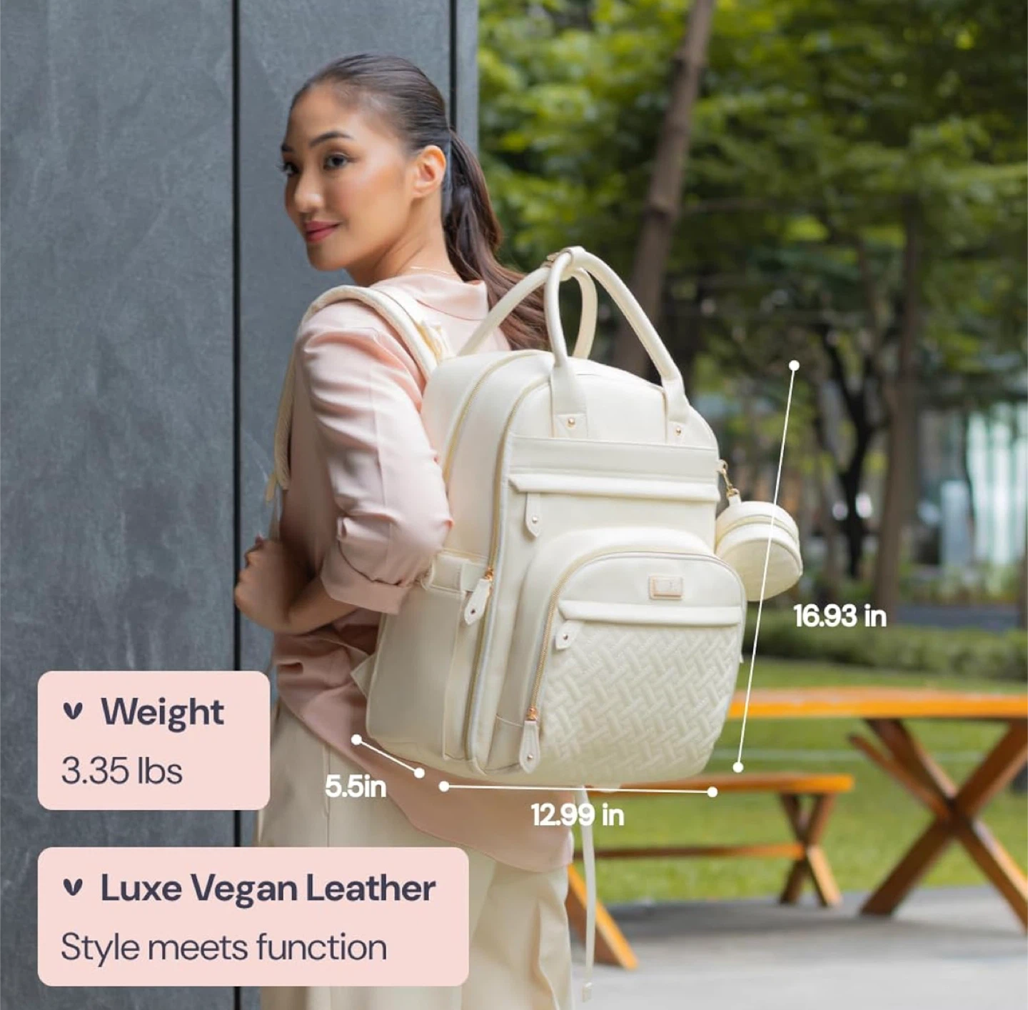 Vegan Leather Diaper Backpack - Eggshell White - photo 4