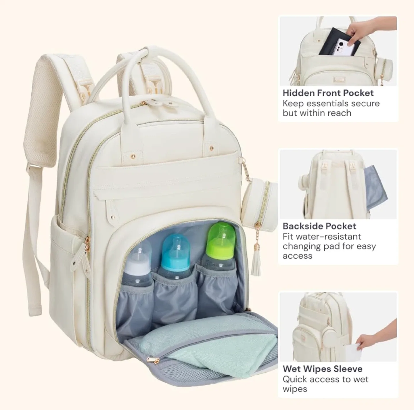 Vegan Leather Diaper Backpack - Eggshell White image indicator(7)