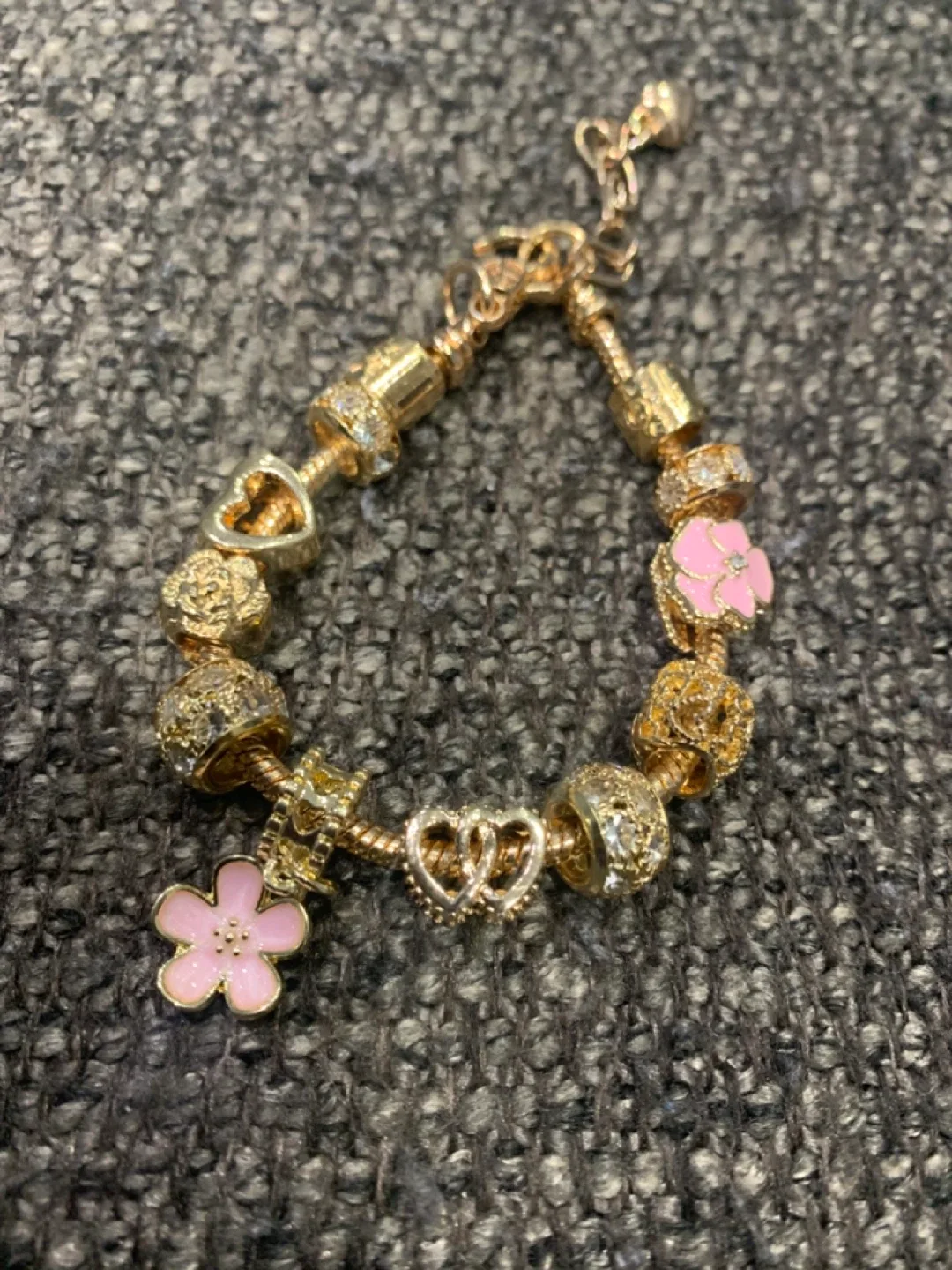 Gold Tone Plated Charm Bracelet with Pink Flowers thumbnail