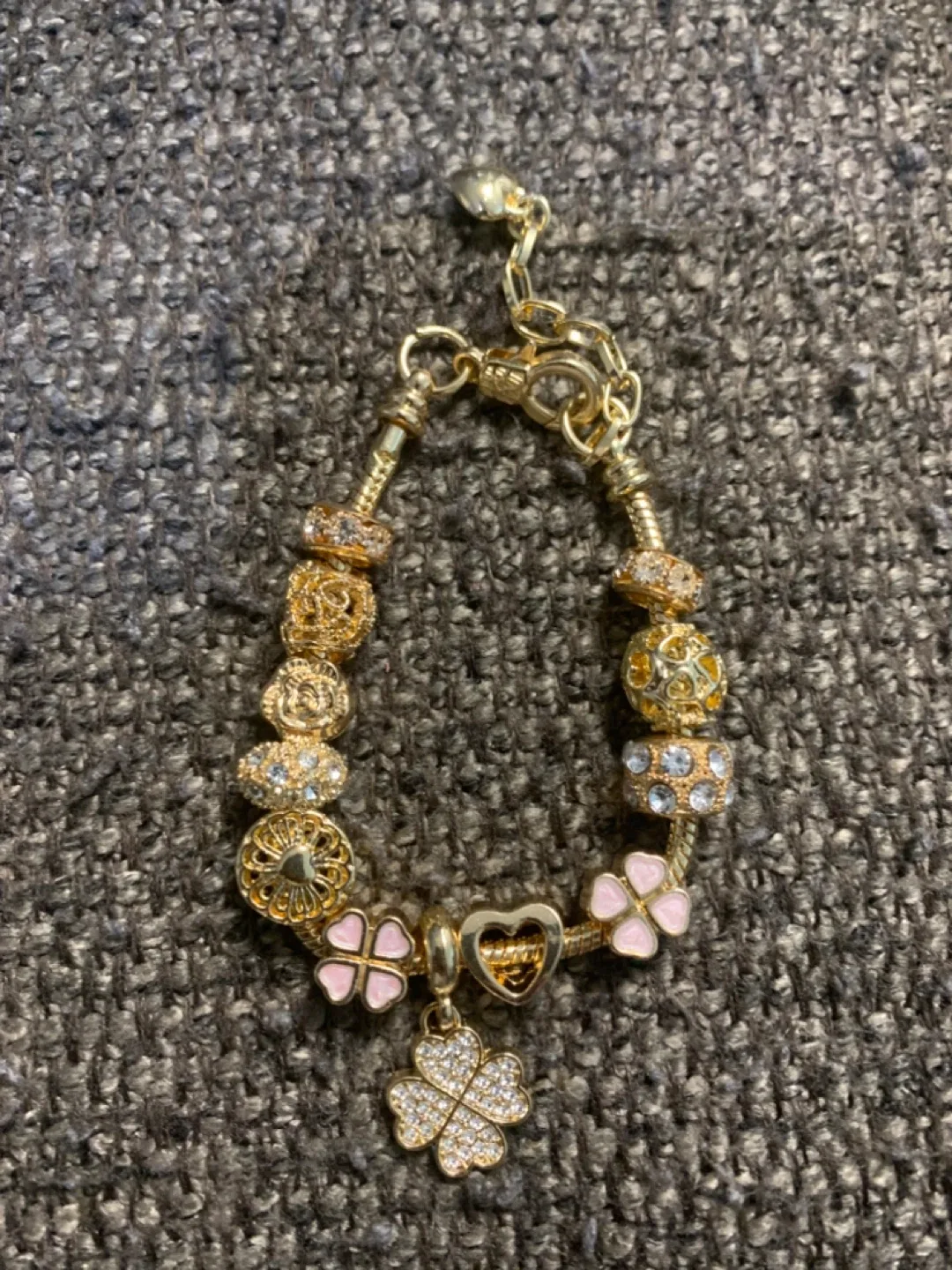 Gold Tone Plated Charm Bracelet with Clover and Heart Details thumbnail