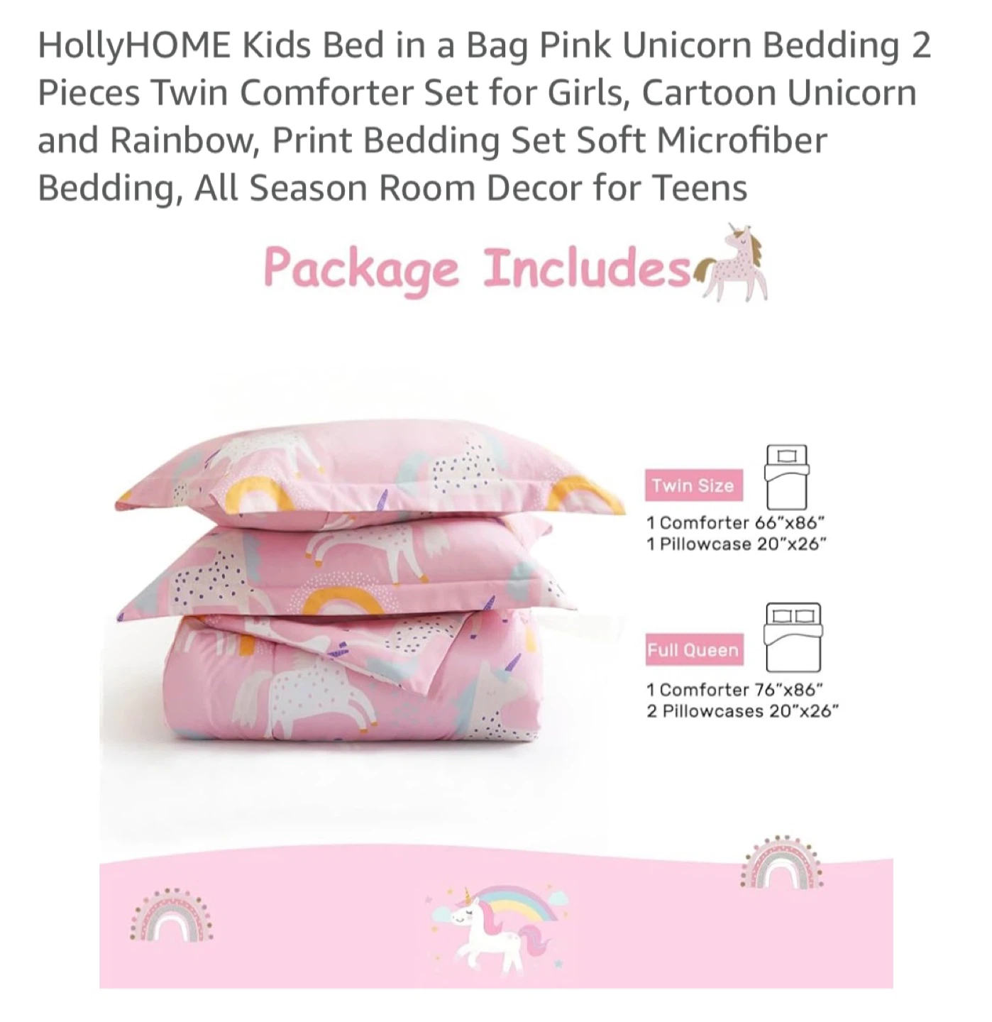 HollyHOME Kids Twin Unicorn Bedding Set - Pink - photo 2