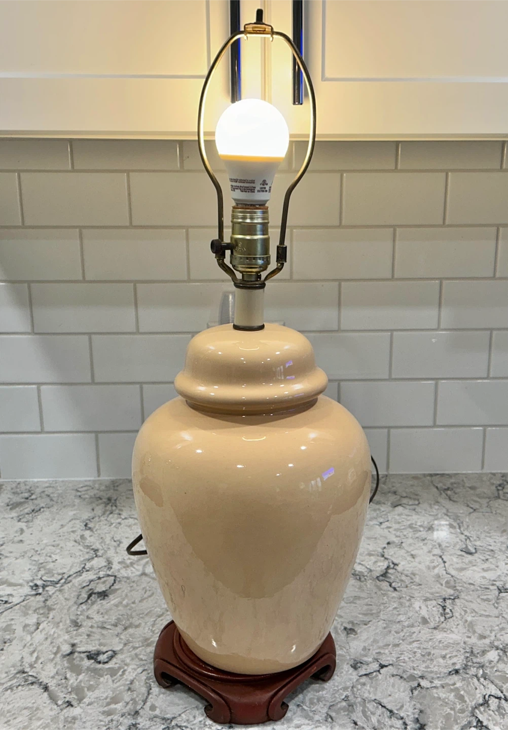 Beige Table Lamp with Wooden Base - photo 2