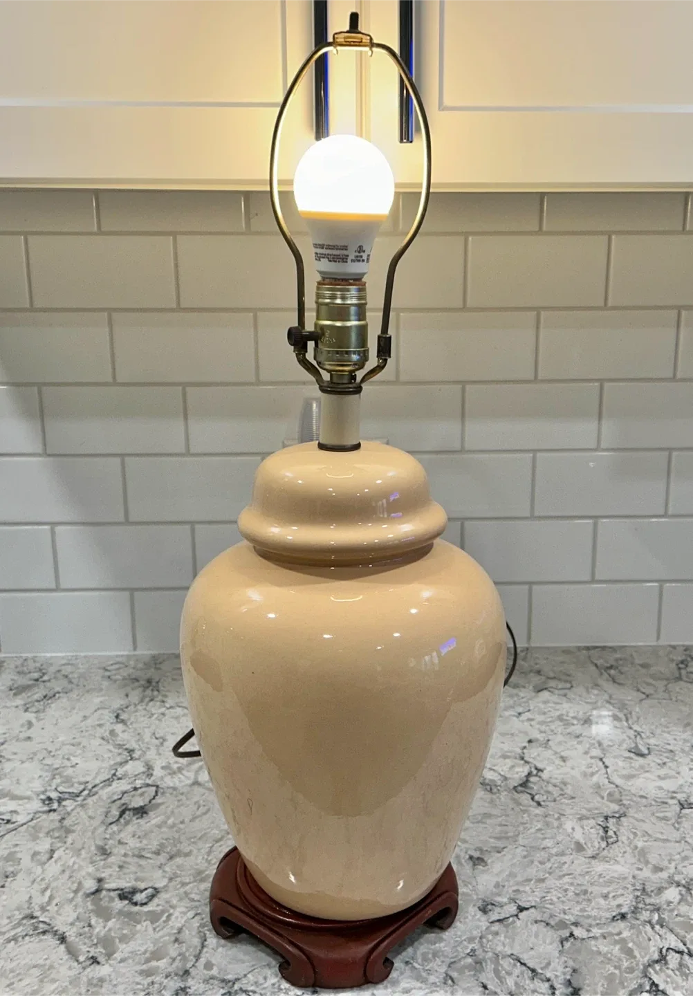 Beige Table Lamp with Wooden Base image indicator(2)