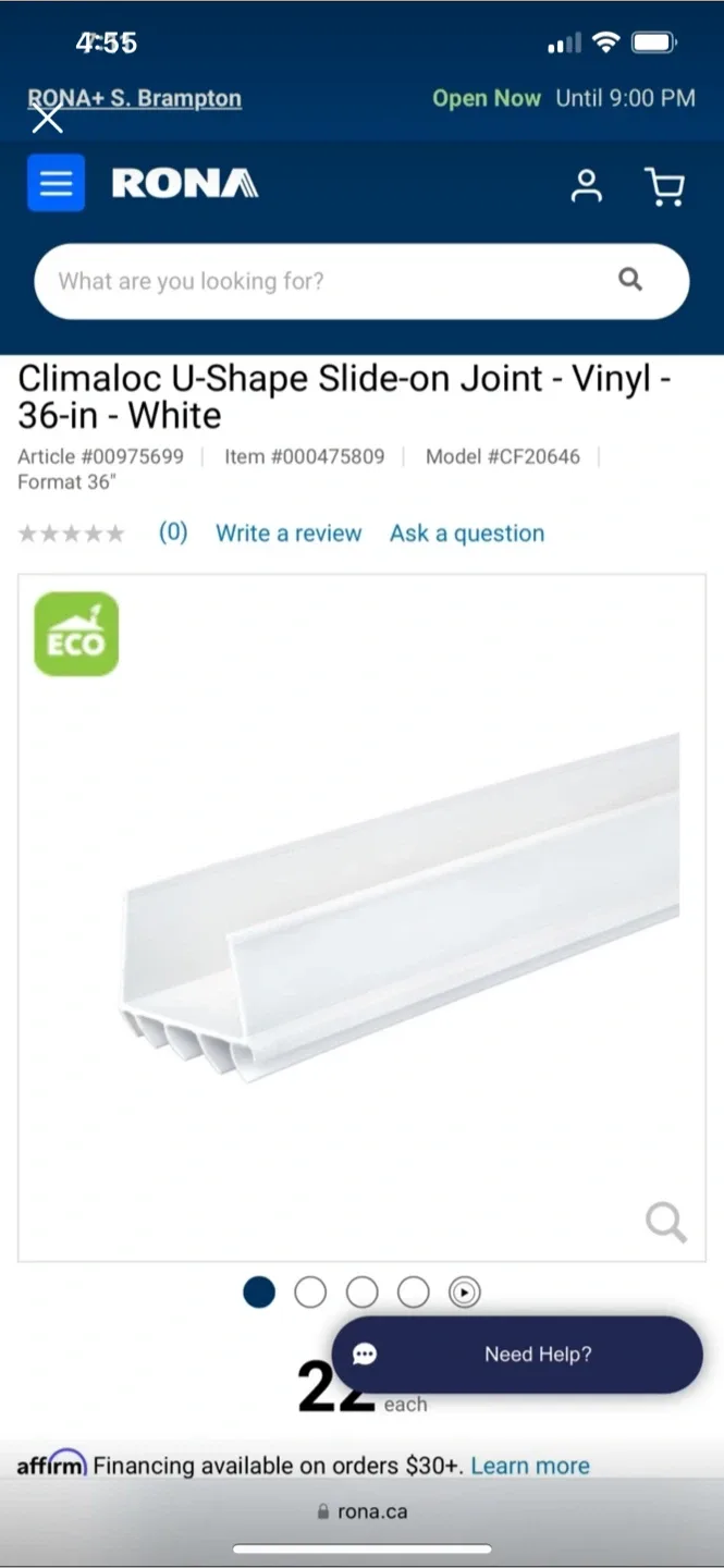 Climaloc U-Shape Slide-on Joint - Vinyl - 36-in - White thumbnail