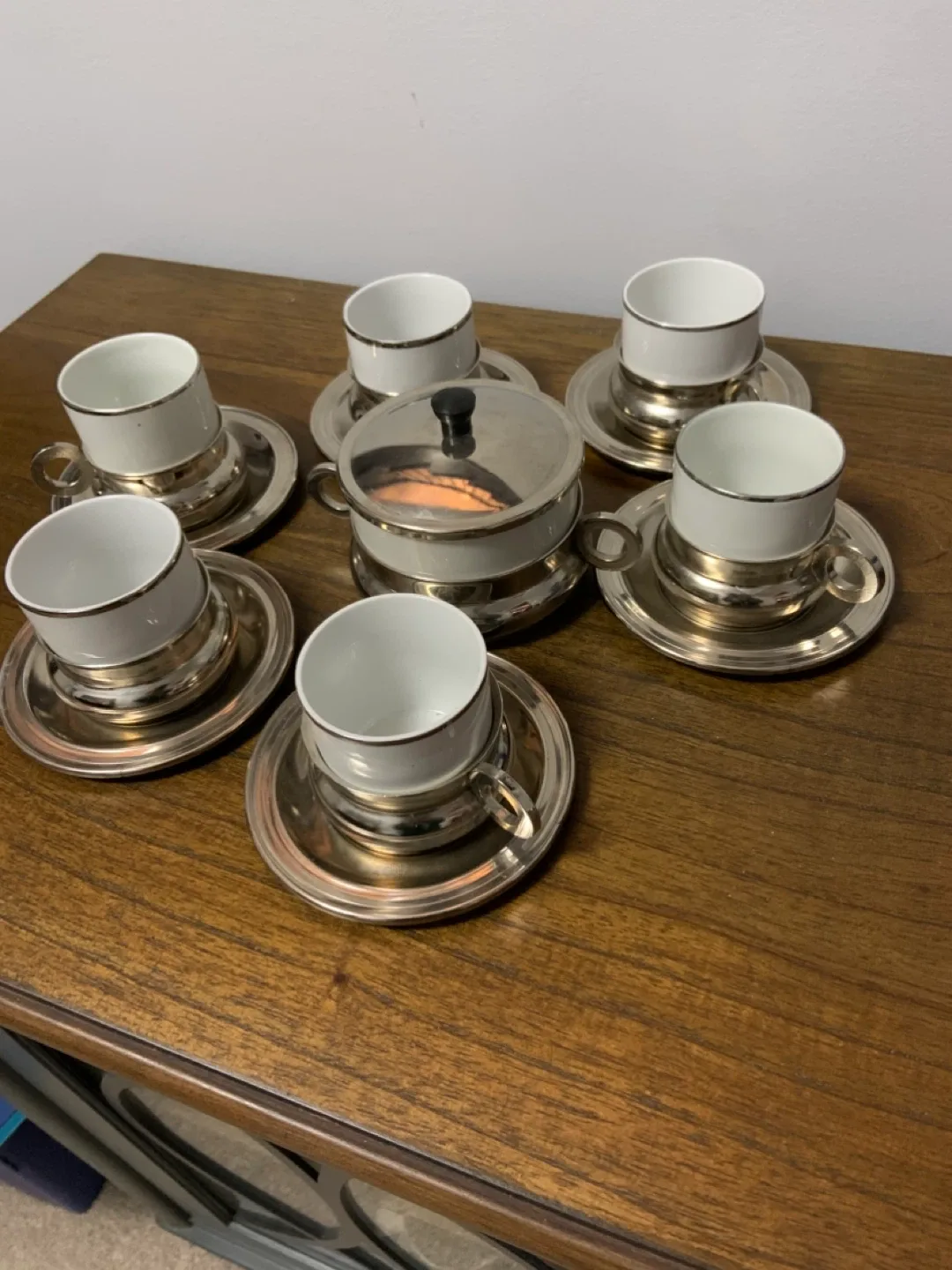 Vintage Silver & White espresso  Set -12 Cups & Saucers image indicator(2)
