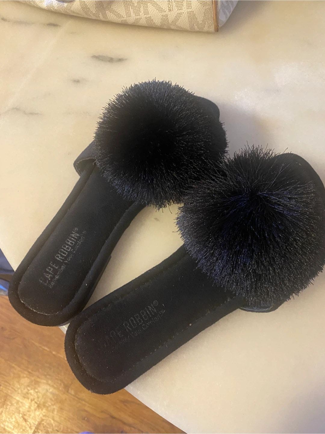 Cape Robbin Black Pom Pom Slides