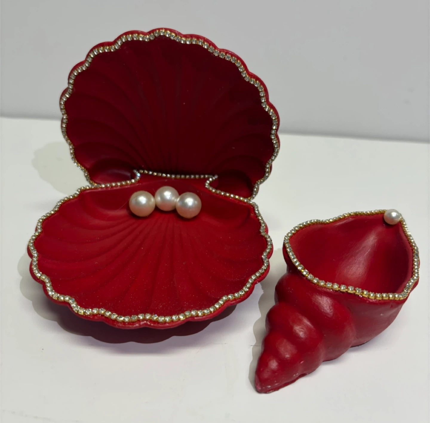 handmade red seashell trinket set |jewelry holder coastal decor