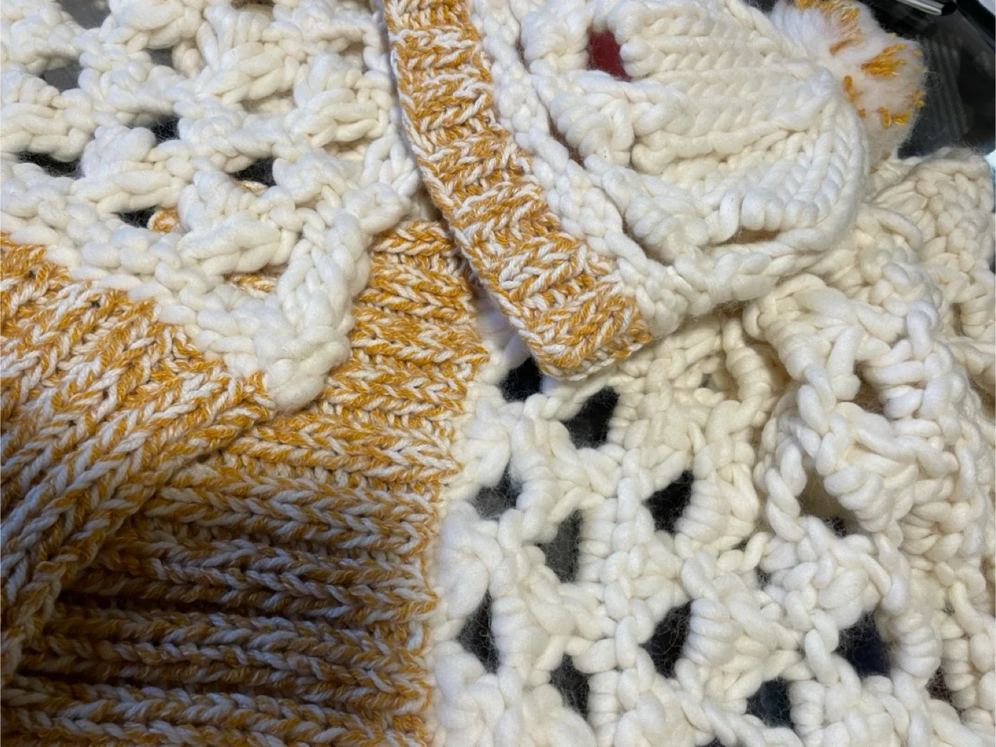 Chunky Handmade Knit Scarf & Hat Set - Cream & Gold image indicator(5)