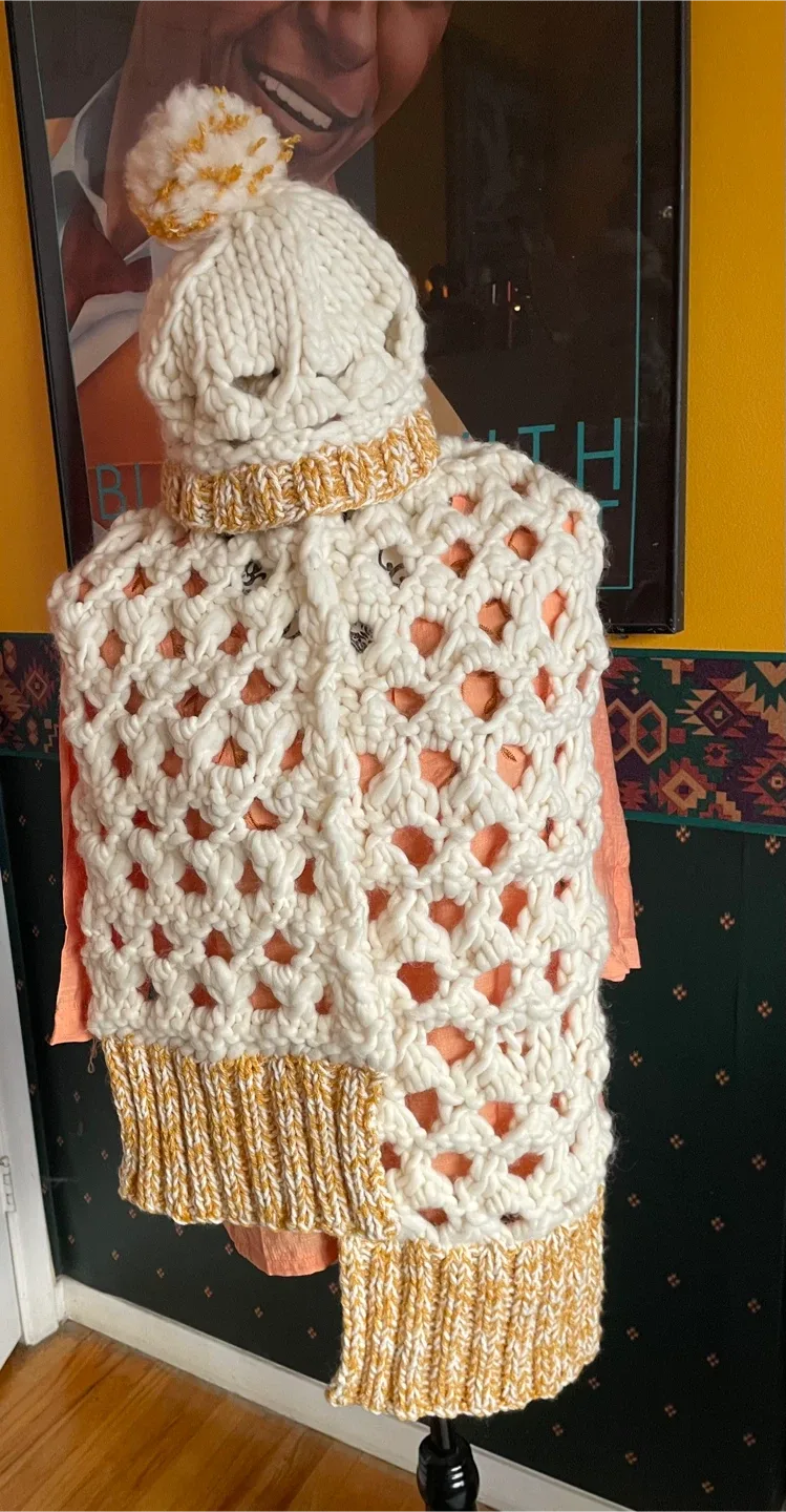 Chunky Handmade Knit Scarf & Hat Set - Cream & Gold thumbnail
