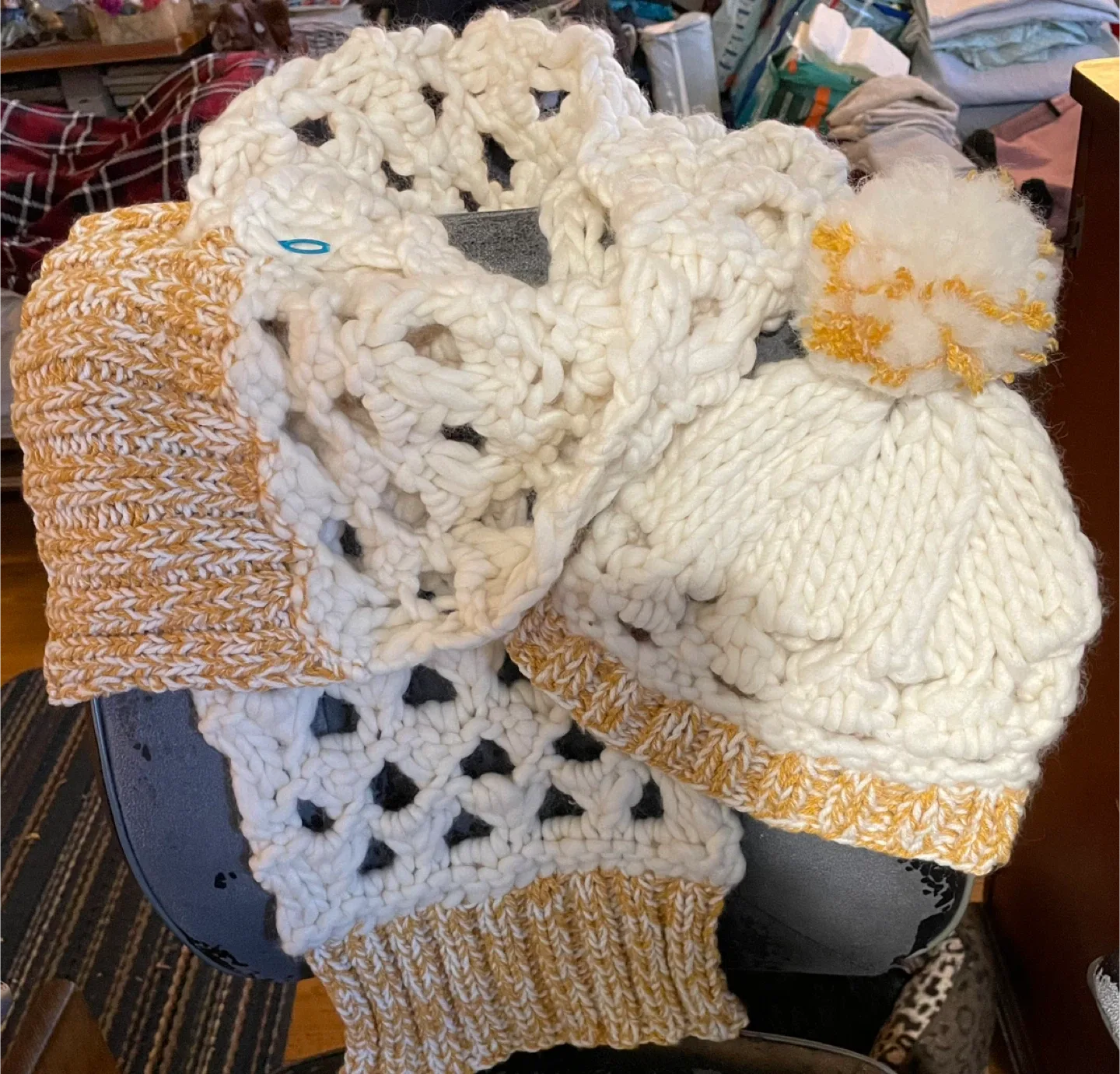 Chunky Handmade Knit Scarf & Hat Set - Cream & Gold image indicator(3)