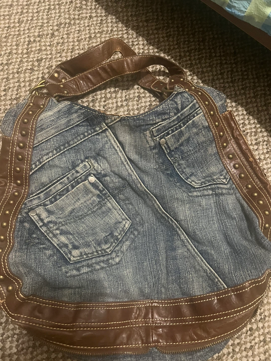Denim & Brown Faux Leather Shoulder Bag
