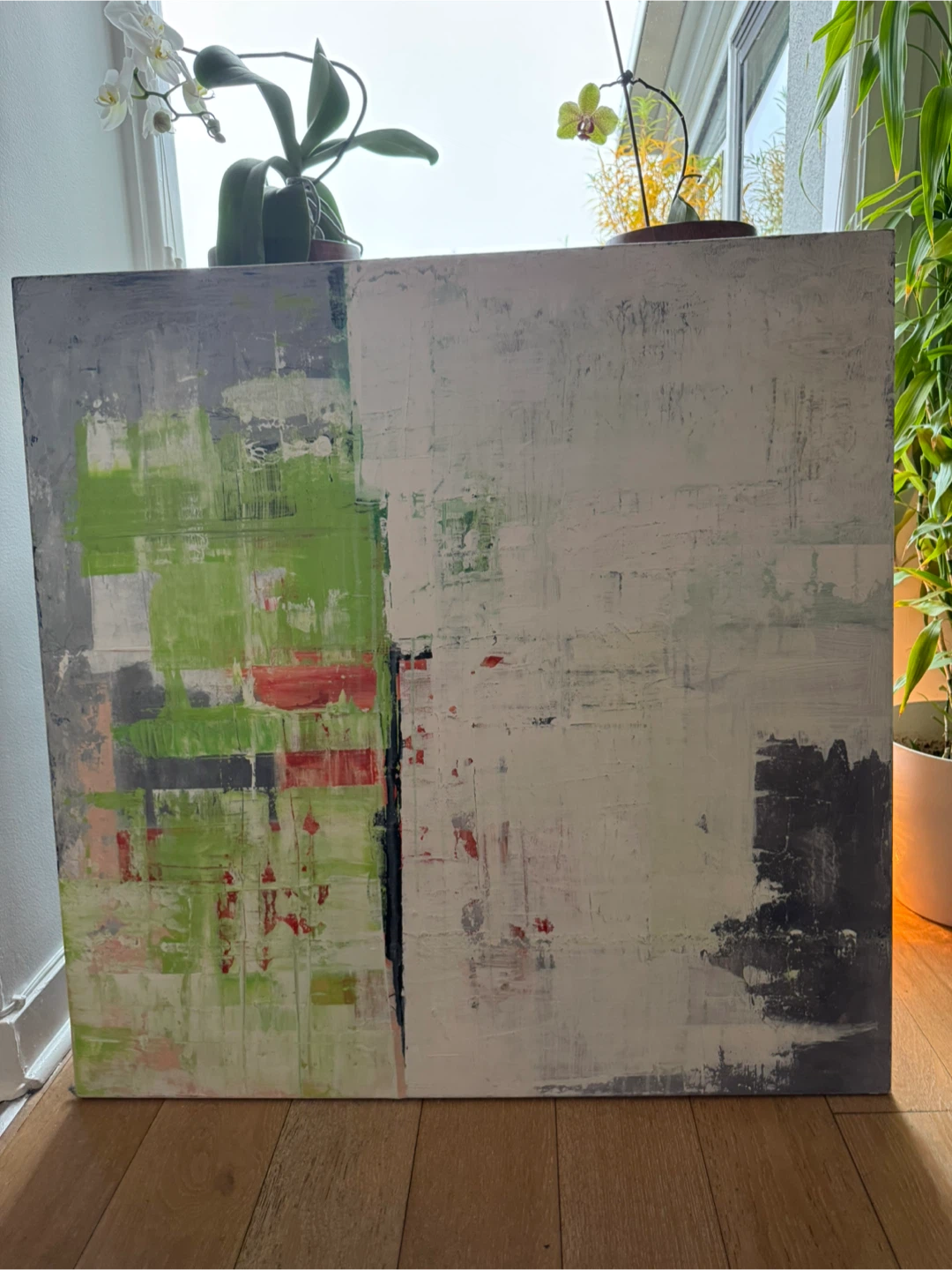 Abstract Painting - Green, White, Grey