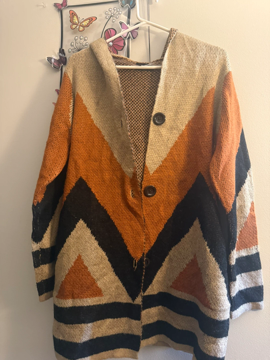 Hooded Knit Cardigan - Orange, Black, Beige - photo 4