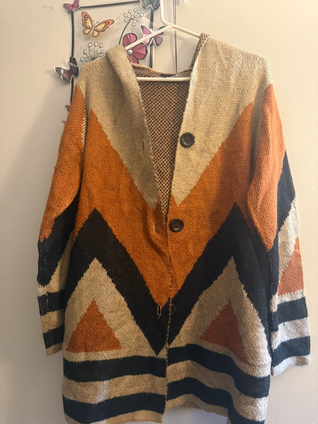 Hooded Knit Cardigan - Orange, Black, Beige image indicator(4)