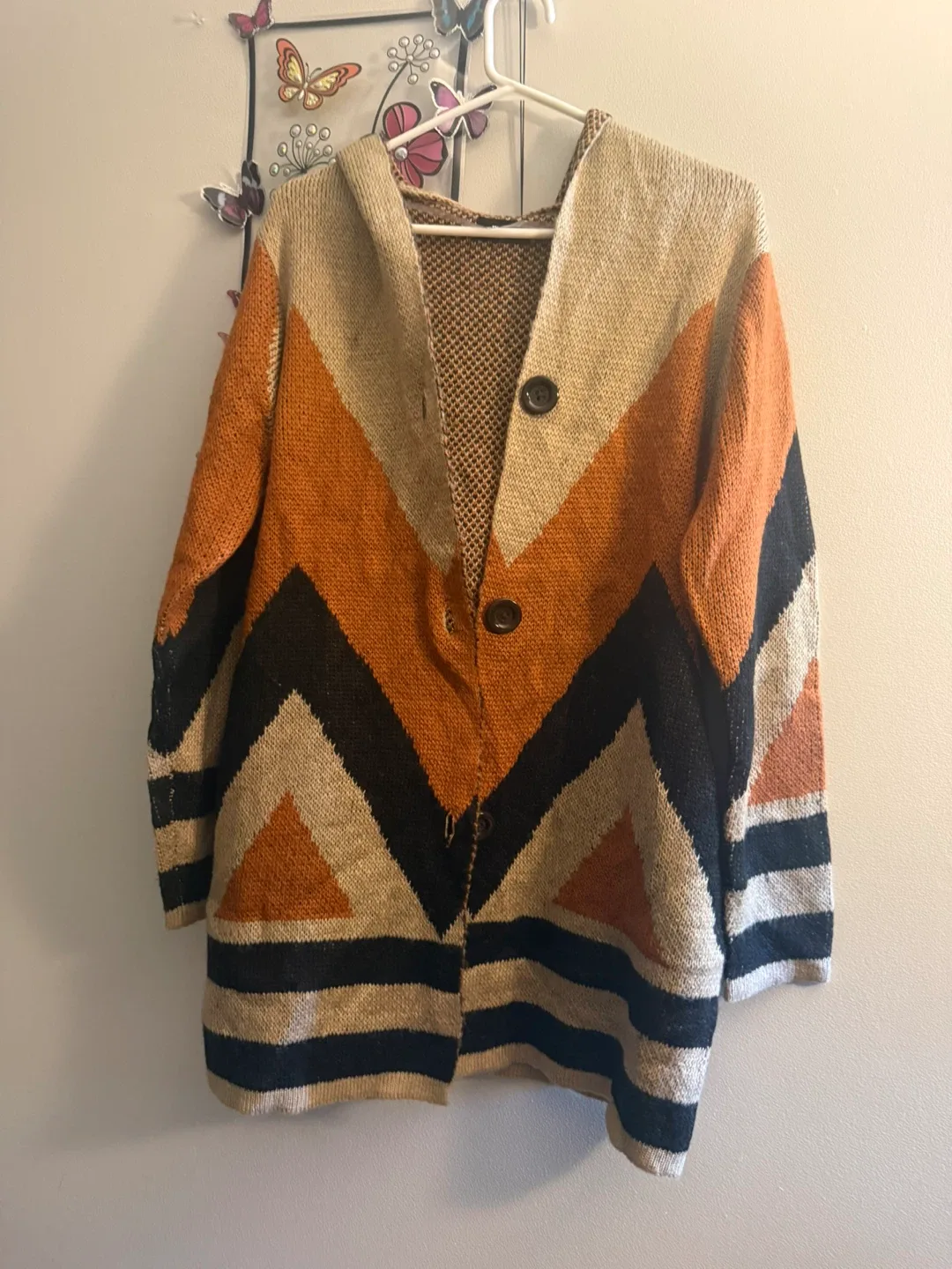 Hooded Knit Cardigan - Orange, Black, Beige